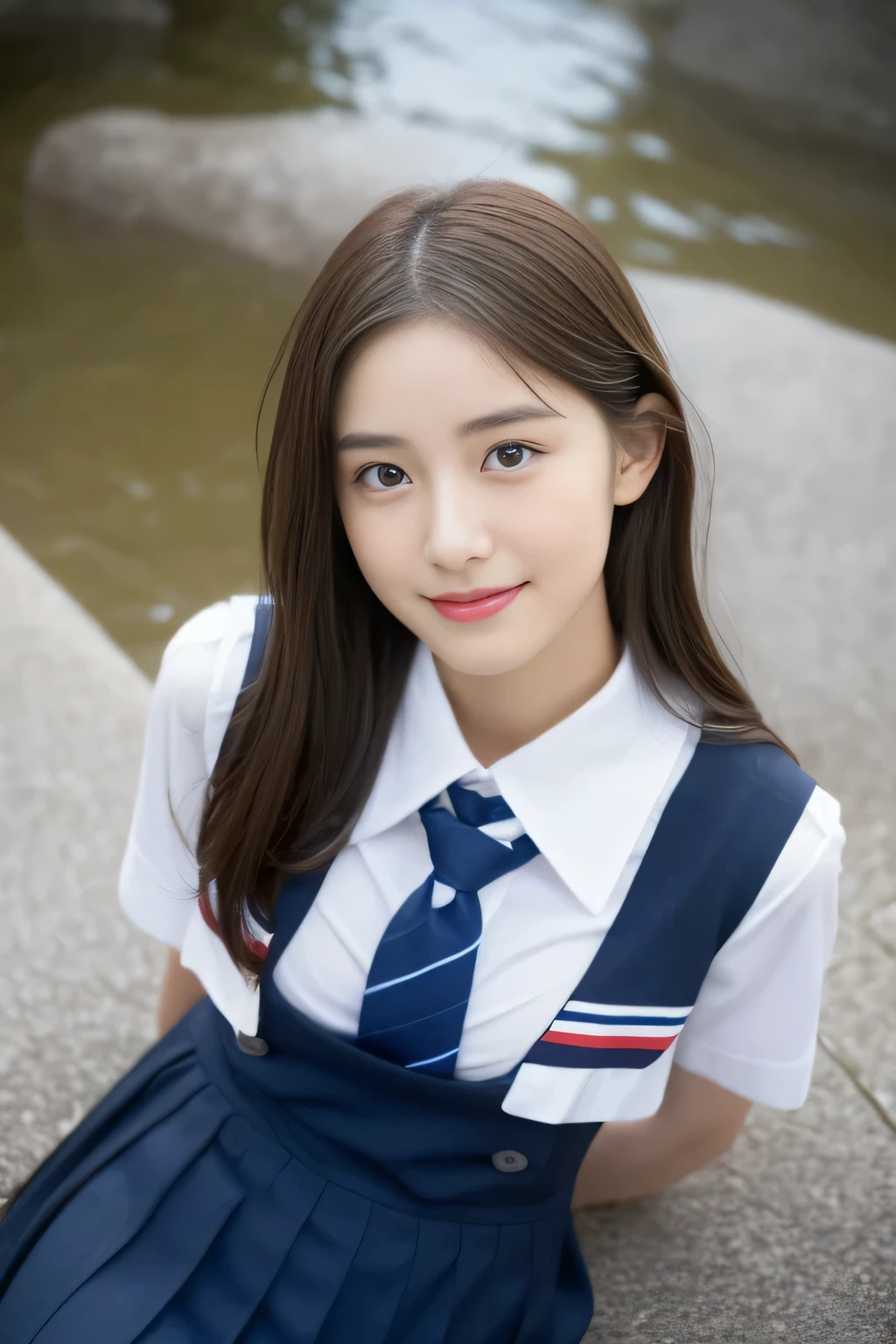 (((32k,high details,high detail、masterpiece,attention to detail,Full body Esbian,alone))),RAW photo & realistic atmosphere,beautiful dark blue eyes,detailed mouth,glossy lips,thin eyebrows,detailed eyes、Soft white skin that shines in every detail、so beautiful eyes with deep blue eyes,detailed lips、so beautiful顔,very well-shaped face、lifelike face,glossy beautiful lips,beautiful eyebrows,infinite reality,Japan High School Uniform Best Design, Realistic like手グラビアアイドル,Very cute high school girl, , japanese girl uniform, Japanese high school girl , like手グラビアアイドル, like手グラビアアイドル, beautiful and cute15 year old child ,the whole body is wet,dripping落ちる,face is flushed,so beautiful15 year old girl,natural soft light、The body is dripping wet,thin clothes,brown shiny hair,hair is wet,dripping水,dripping(barefoot,,Wet and see-through white short sleeve shirt,summer clothes,beautiful and kind eyes,look at the camera:1.3),(((like々beauty,Smooth beautiful legs,exposed thighs,gentle smile,small shapely breasts,immature body,Sexy Uniforms,shortcut,my chest is open))),(Shots from the air,from directly above,photo taken,look up,Lie on your back and float on the water,look up,Spread your arms and legs,lying on your back with a large body,Sleep soundly on your back,Body floating on the surface of the water,Beautiful breasts coming out of the water:1.5)