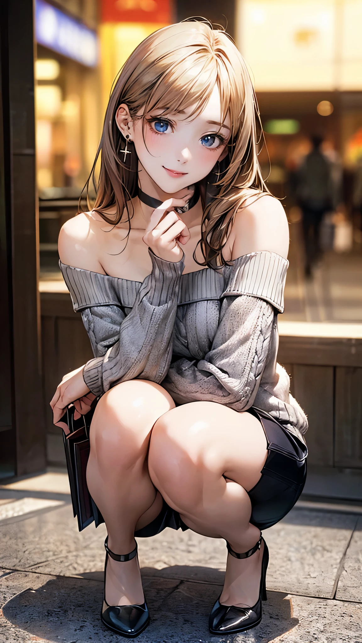 (masterpiece:1.2, top-quality), (realistic, photorealistic:1.4), beautiful illustration, (natural side lighting, movie lighting), 
looking at viewer, 1 girl, japanese, high school girl, perfect face, cute and symmetrical face, shiny skin, babyface, bare legs, 
(long hair, straight hair, sideburns, blond hair), swept bangs, blue eyes, (middle breasts, seductive thighs), piercings, 
beautiful hair, beautiful face, beautiful detailed eyes, beautiful clavicle, beautiful body, beautiful chest, beautiful thigh, beautiful legs, beautiful fingers, 
((grey off-shoulder sweater, white tight skirt)), black choker, high heels, 
(beautiful scenery), evening, (shopping mall), squatting, (lovely smile, upper eyes), 