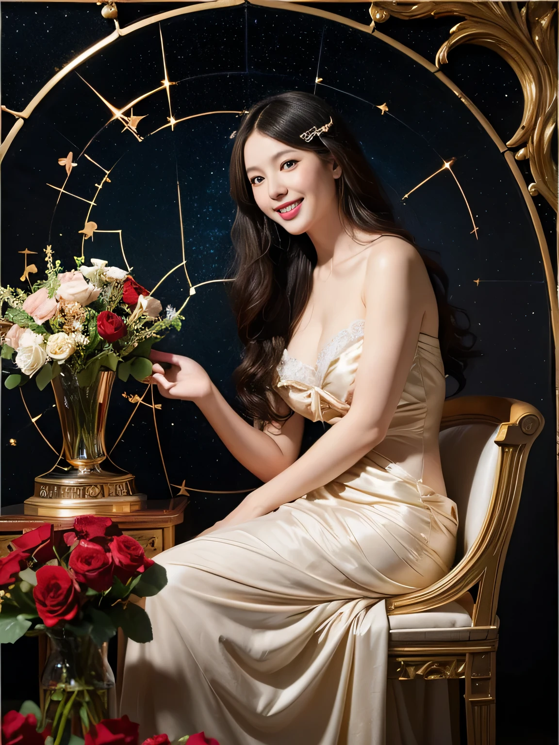 Geometry,stain glass,12 zodiac signs,Vigée Leblanc style,Math、Astronomical utensils,astronault,Roses in a vase,fruits,cute little,A smile,Ancient Greek costumes,Paintings by Sandro Botticelli,Costume with stretched shoulders,huge smile,large full breasts,??????? expression,A sexy,Beautiful bare skin,Cute smile