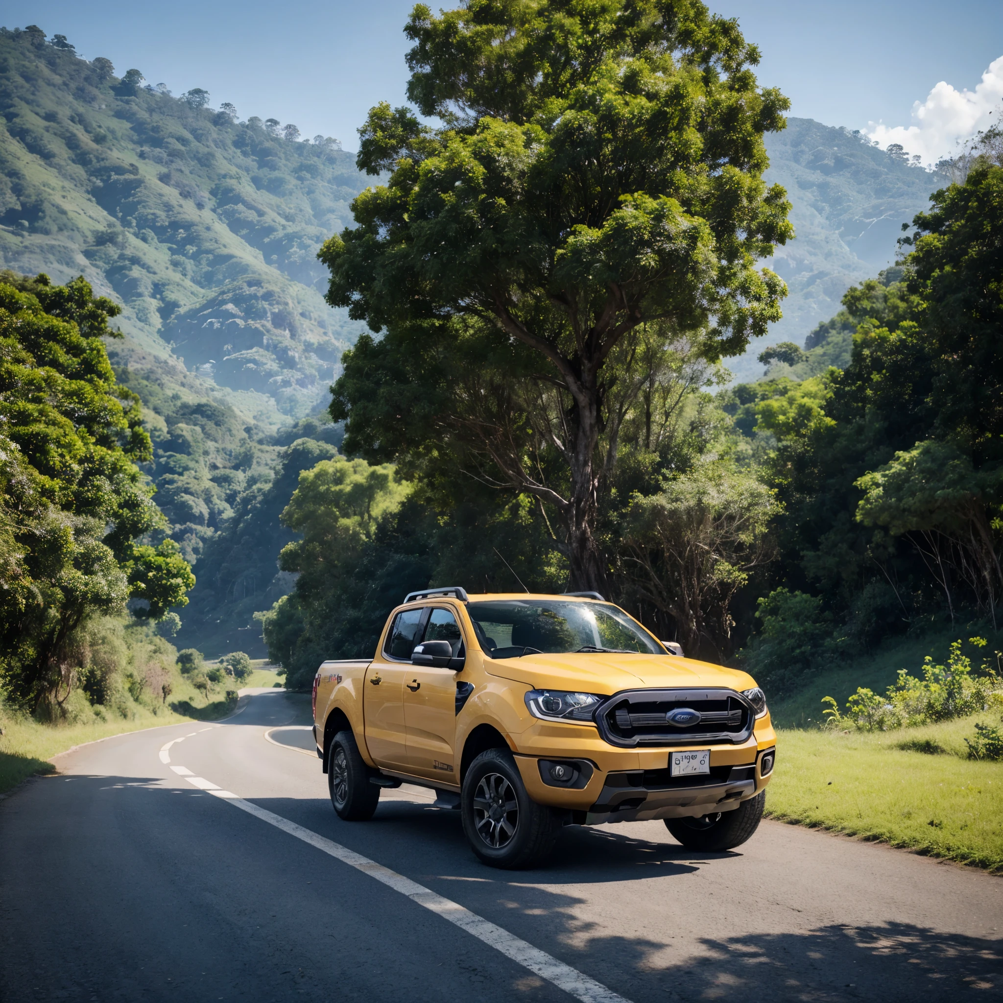 a lover is standing next to a 2023 FORD RANGER car which is parked on the side of a village road with views of the mountains and shady trees in Indonesia.create a 3D Disney Pixar animation