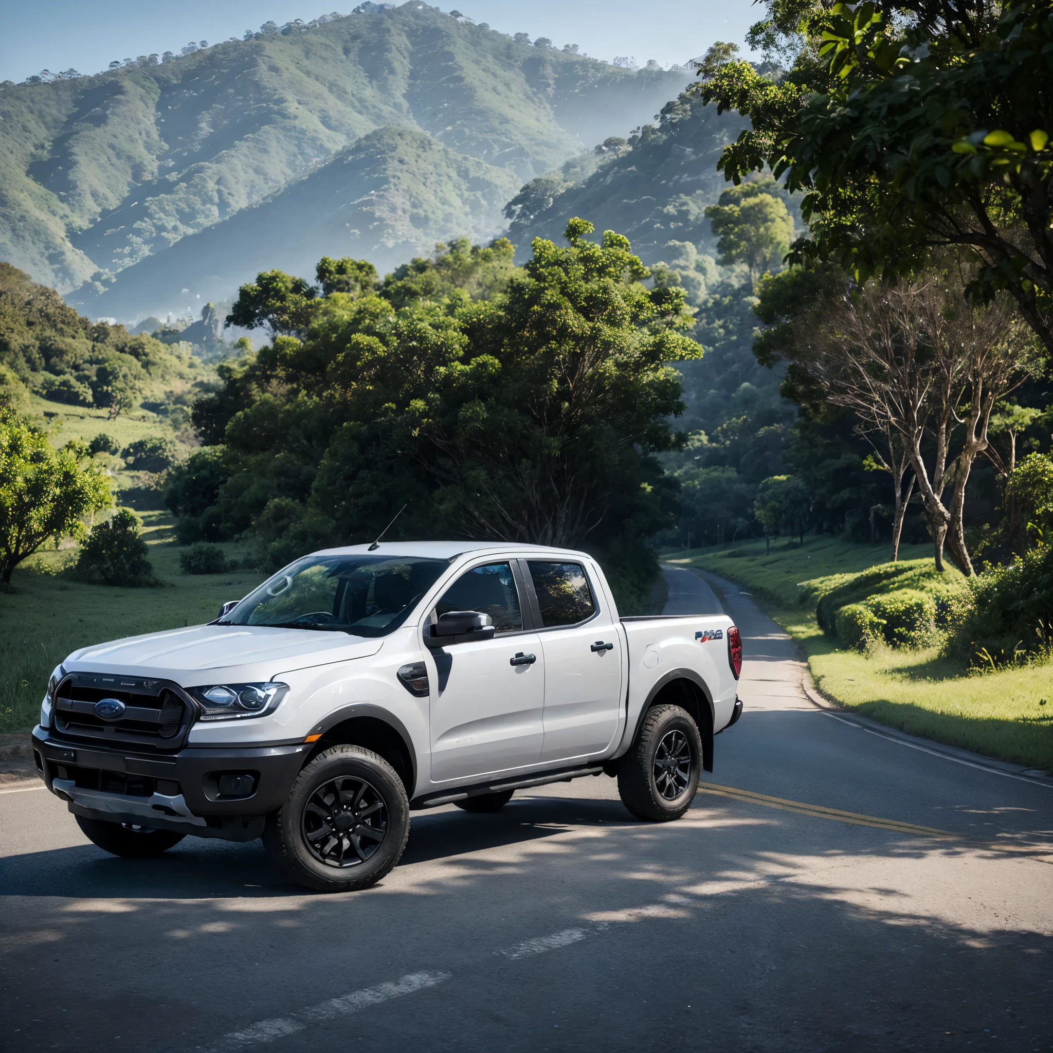 a lover is standing next to a 2023 FORD RANGER car which is parked on the side of a village road with views of the mountains and shady trees in Indonesia.create a 3D Disney Pixar animation