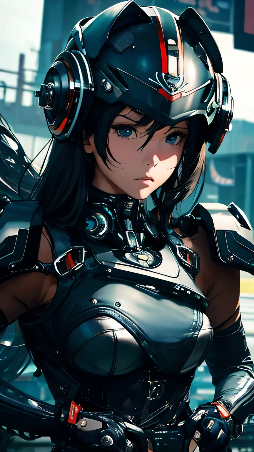 best image quality, excellent details, 超High resolution, (fidelity: 1.4), best illustrations, Favor details, 1girls high concentration, With a delicate and beautiful face, dressed in black and white mecha, Wearing a mecha helmet, Have a direction controller, riding on motorcycle, the background is a high-tech lighting scene of the futuristic city. masterpiece, 最high quality, high quality, High resolution, (close up of face)