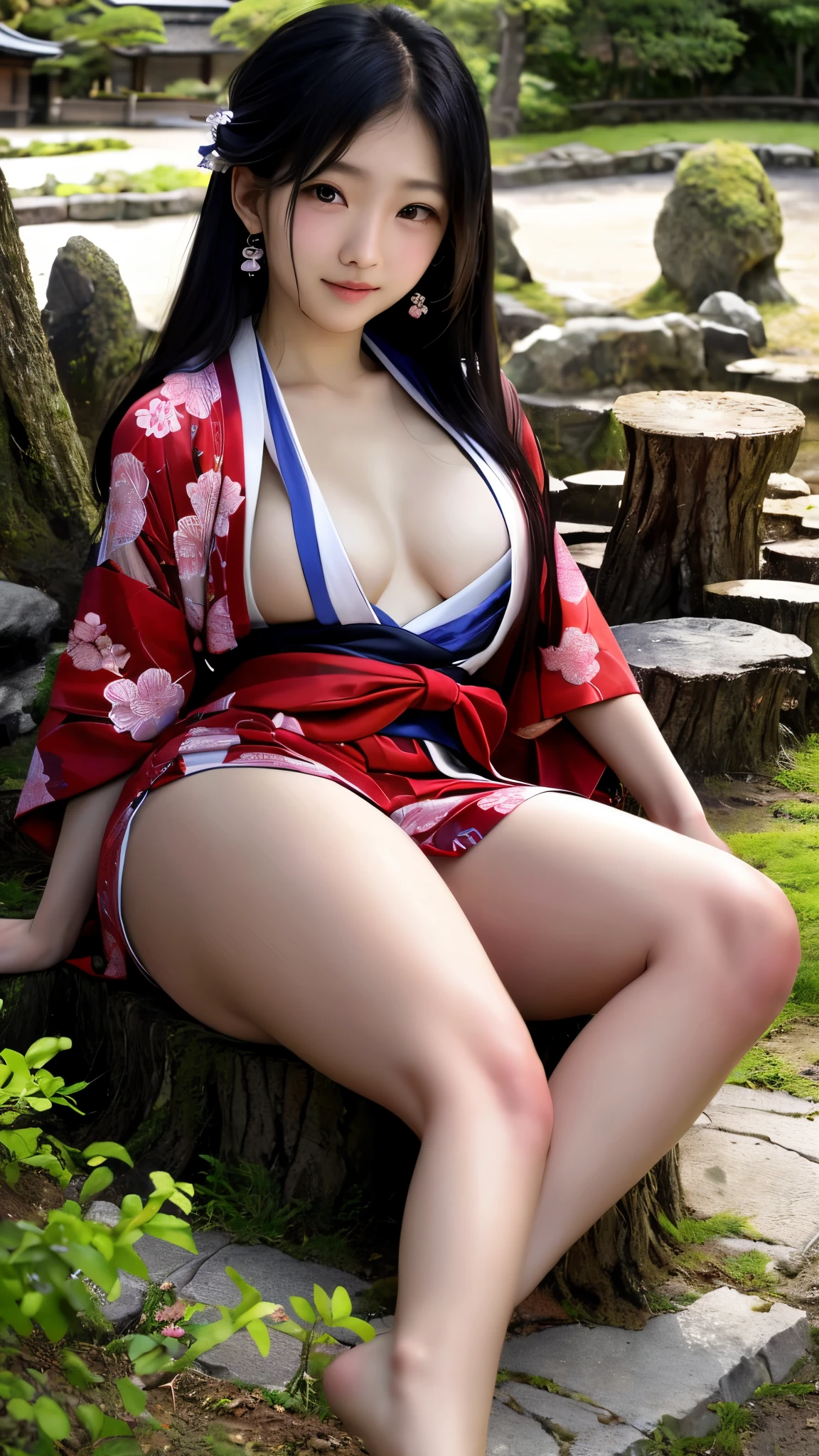 最high quality、high quality、best image quality、8K、最High resolution、High resolution、最high quality、masterpiece、Realistic human body with detailed details、Realistic skin in every detail、Realistic face in every detail、Realistic eyes in every detail、Realistic lips in every detail、Realistic teeth in every detail、Realistic ears with attention to detail、Realistic hair with detailed details、Realistic arms with attention to detail、Realistic hands with attention to detail、Realistic fingers with attention to detail、(fine hands、thumb1reference4)、Realistic legs with attention to detail、Realistic feet with attention to detail、((beautiful japanese girl))、(japanese model), (japanese woman)、((18 year old beautiful girl))、(black hair)、(straight hair)、((whole body))、((Beautiful breasts directed upwards、Medium chest))、(slim style、slender style)、(whole body光沢肌、Fair skin)、Detailed and realistic human body、detailed realistic skin、detailed realistic face、detailed realistic arms、Detailed realistic fingers、Detailed realistic feet、soft natural light、samurai kimono、maiko kimono、servant、geisha kimono、japanese kimono、Furisode、kimono、Yukata、japanese traditional、Samurai Residence、Japanese garden、((Transparent see-through with colorful floral pattern(クロストップkimono、Hakama with side slits))、((sit with your knees bent on a stump in the garden(Pose that makes your thighs look beautiful))