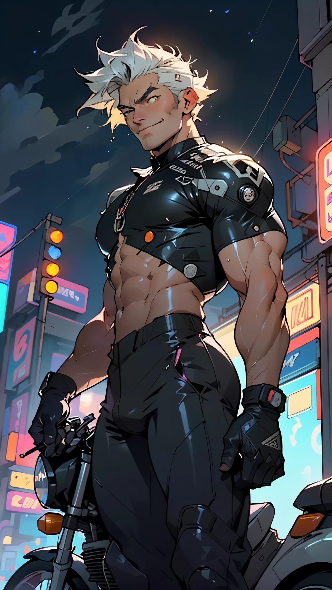 muscular man,(((1man))),((man muscular)),
(((1male,man:1.5,handsome man,male,male gender:1.5,male focus))),macho man,
((short white hair)),(((lustrous skin:1.5,tanned skin,bright skin: 1.5,skin tanned,shiny skin,very shiny skin,shiny body,illuminated skin))),(((yellow_eyes:1.2))),intricate eyes,beautiful detailed eyes,symmetrical eyes,((exaggerated muscles,exaggerated shoulders,very muscular and huge)),man chest,handsome face,((((muscular,hairy body,muscular man,tall,big biceps,abs,big thighs,broad shoulders,open chest)))),(((detailed face))),(((square jaw))),
alluring look,nsfw,
(((bare chest,shirtless))),motorcyclist pants,((bulge in pants)),((motorcyclist outfit)),(wearing a motorcyclist outfit:1.3,motorcyclist clothes),((wet clothes,intricate outfit,intricate clothes)),
(dynamic pose:1.0),solo focus,((evil smile,evil look)),(centered,scale to fit dimensions,Rule of thirds),
cyberpunk city by the ocean at night, with bright neon signs and dark stormy clouds and puddles, scenery:1.25,nighttime, starry night, cosmos,Very dark night that makes the neon lights stand out, very bright neon lights,nighttime, starry night, cosmos,
highres, sharp focus, (ultra detailed, extremely detailed), (photorealistic artwork:1.37),(extremely detailed CG unity 8k wallpaper),((synthwave background theme)),(((vibrant colors))),(intricate background),(masterpiece),(best quality),