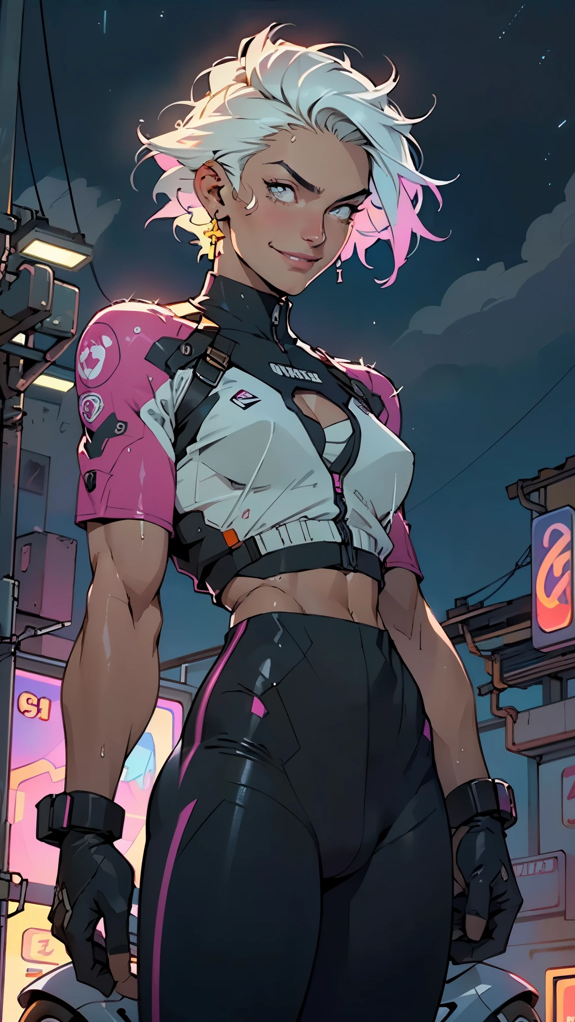 muscular man,(((1man))),((man muscular)),
(((1male,man:1.5,handsome man,male,male gender:1.5,male focus))),macho man,
((short white hair)),(((lustrous skin:1.5,tanned skin,bright skin: 1.5,skin tanned,shiny skin,very shiny skin,shiny body,illuminated skin))),(((yellow_eyes:1.2))),intricate eyes,beautiful detailed eyes,symmetrical eyes,((exaggerated muscles,exaggerated shoulders,very muscular and huge)),man chest,handsome face,((((muscular,hairy body,muscular man,tall,big biceps,abs,big thighs,broad shoulders,open chest)))),(((detailed face))),(((square jaw))),
alluring look,nsfw,
(((bare chest,shirtless))),motorcyclist pants,((bulge in pants)),((motorcyclist outfit)),(wearing a motorcyclist outfit:1.3,motorcyclist clothes),((wet clothes,intricate outfit,intricate clothes)),
(dynamic pose:1.0),solo focus,((evil smile,evil look)),(centered,scale to fit dimensions,Rule of thirds),
cyberpunk city by the ocean at night, with bright neon signs and dark stormy clouds and puddles, scenery:1.25,nighttime, starry night, cosmos,Very dark night that makes the neon lights stand out, very bright neon lights,nighttime, starry night, cosmos,
highres, sharp focus, (ultra detailed, extremely detailed), (photorealistic artwork:1.37),(extremely detailed CG unity 8k wallpaper),((synthwave background theme)),(((vibrant colors))),(intricate background),(masterpiece),(best quality),
