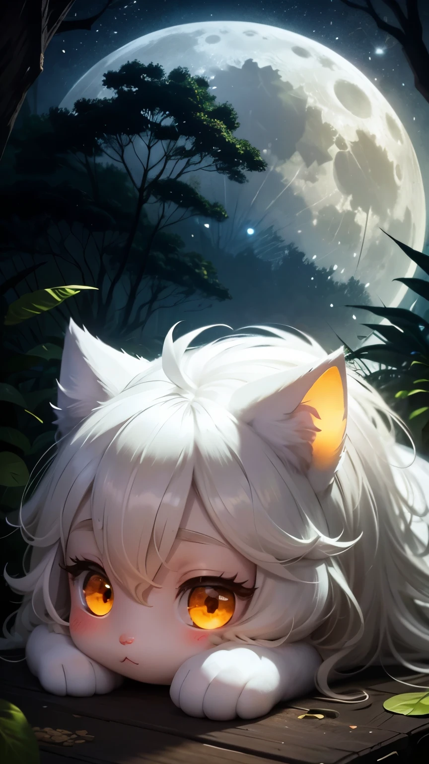 Cute jungle stickers, golden eyes,Cute white wolf,full moon,A dense forest,and a mysterious image. Although it is night,But it's daylight