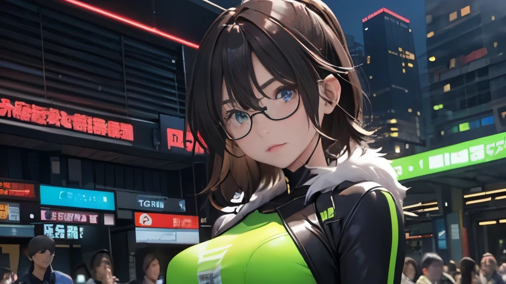 4K, A high resolution, Best quality at best, masterpiece, perfect colors, perfect shadow, perfect litthing, ((sportrait)), 1woman, fit-muscled body, face close up, bright yellow eyes, dark blue hair , blue eyes, With round lenses, detail in eyes, The audience watched carefully, (s face: 1.2), nipple bump, Perfect female figure, ((standing showing body curveand shape)), ((neon green Tight crop top neon green leather suit)), ((shy and looking at viewert)), (Perfect thick white eyebrows) Delicate fur, 详细s face, s the perfect face, At a fantasy industrial city , (model pose standing), energetic background, perfect city skyscape, lighting atmosphere, ((Bonifasko lighting)), (The round lenses on his eyes)(詳細な目), Perfect student, face close up