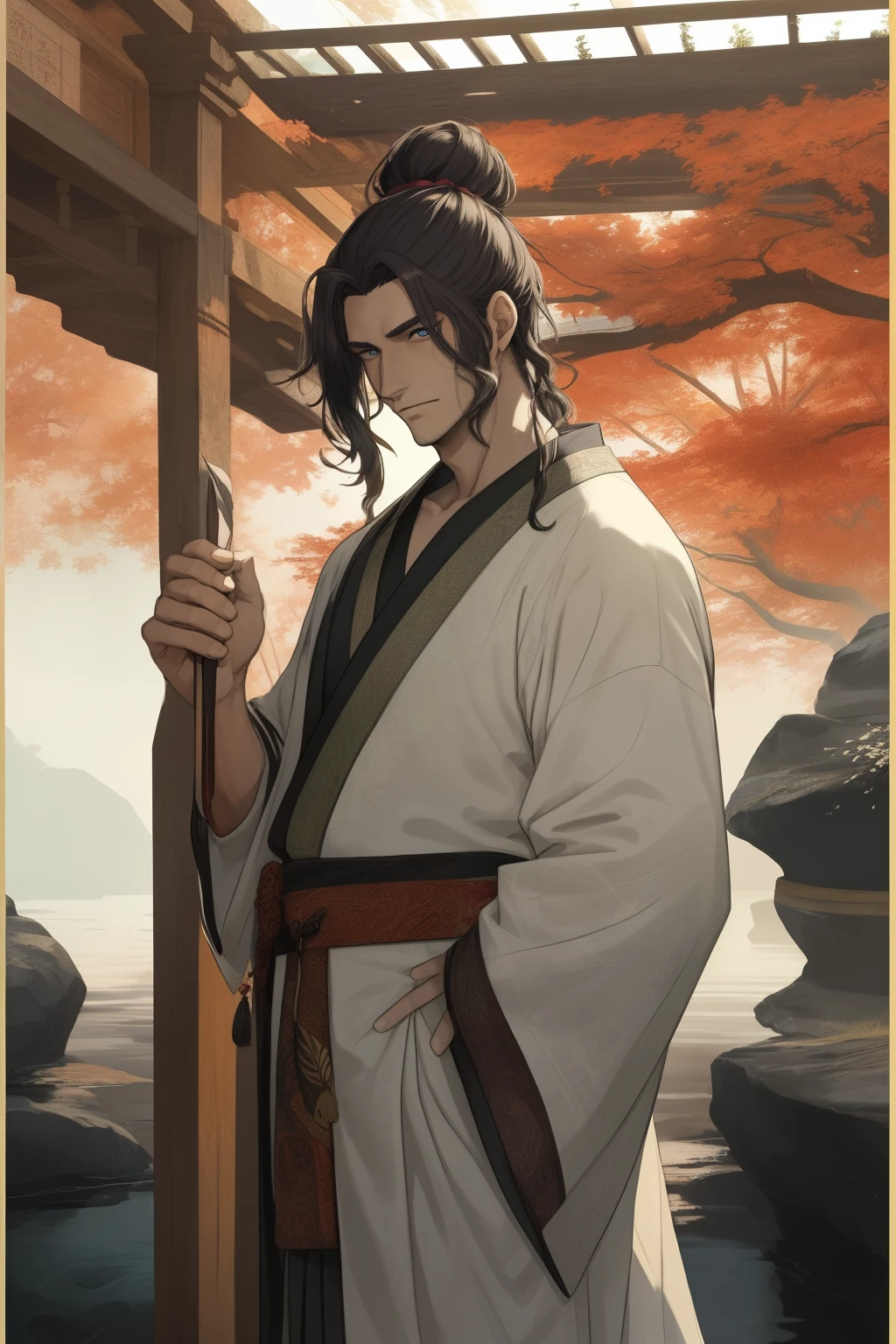 In the tranquil ambiance of the Tang Dynasty, a poet stands, embracing the essence of his surroundings. He wears a flowing silk robe, the rich hues of the fabric depicting a tapestry of intricately woven patterns. His features are distinguished, with a sharp jawline, narrow nose, and expressive eyes – twin pools of wisdom and introspection.
His long, wavy hair is tied back in a classical top knot, framing his face and revealing a subtle hint of a forehead. The poet's hands are poised, holding a traditional brush and ink set, ready to commit the beauty of nature to paper. In the background, a