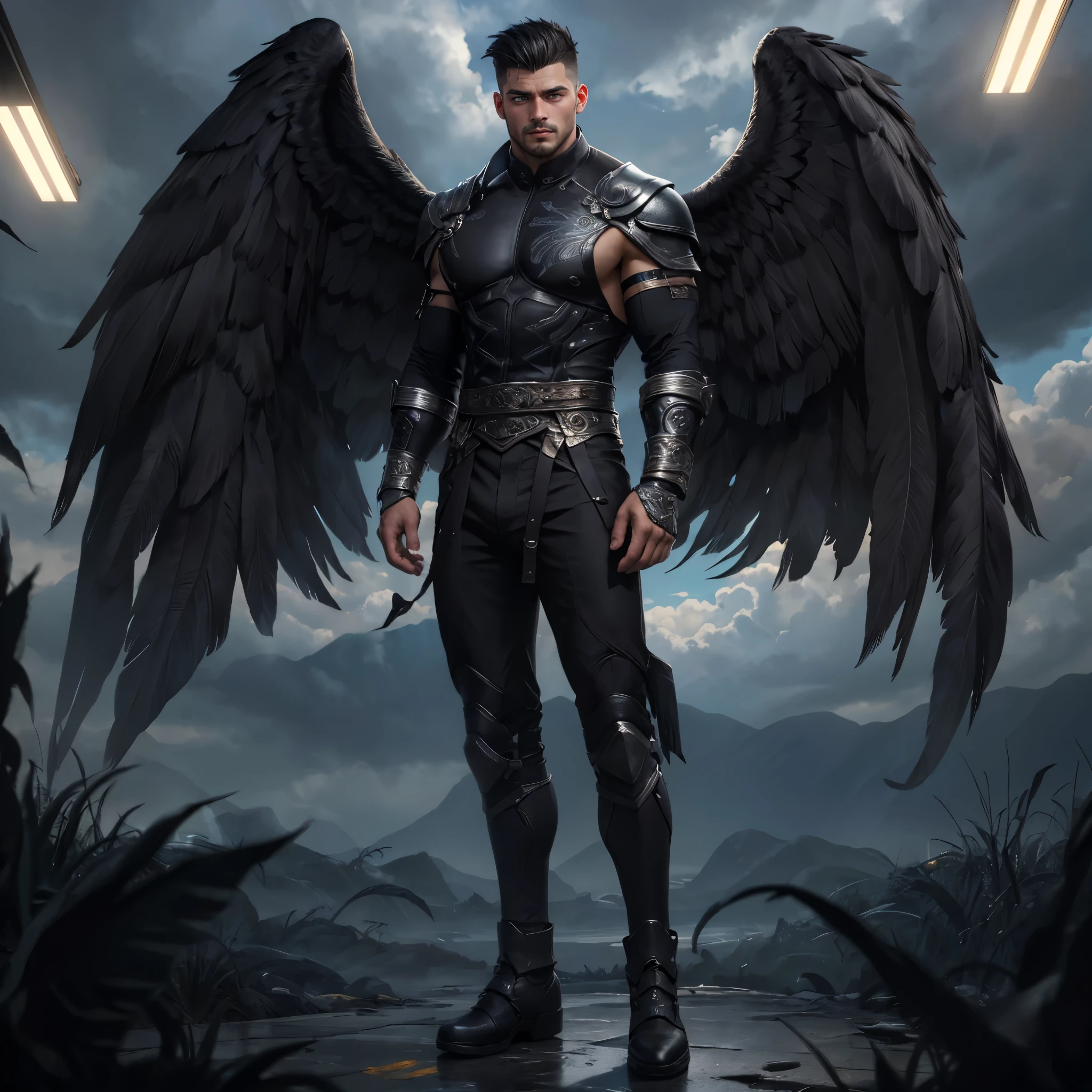 eyes focus, winged male, toned male, solo, (large black feathered wings, black wings: 1.2), undercut, black hair, serious, cinematic lighting, depth of field, masterpiece, UHD, anatomically correct, super detail, high details, high quality, award winning, best quality, highres, silver bracers, manly, sleek clothes, mythic clothes, long sleeves, flying in the sky, painted sky, clouds,