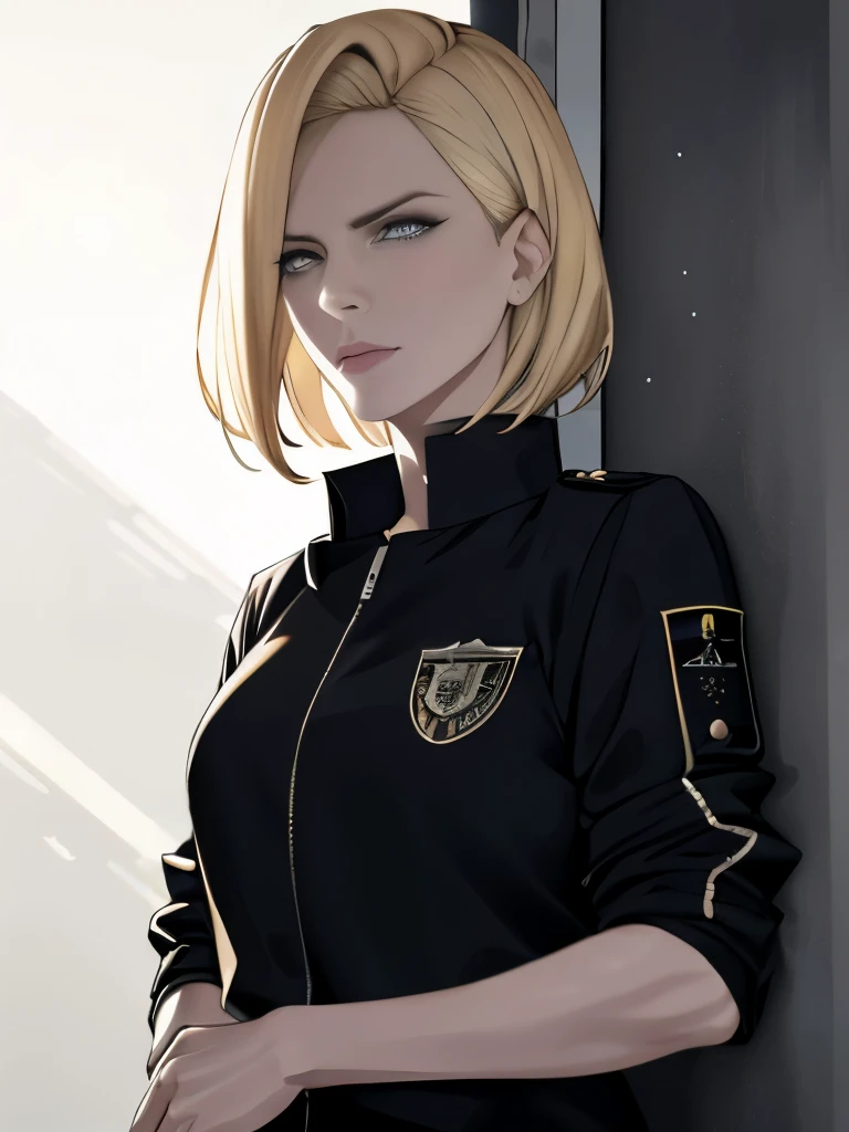 Blonde woman with short neck-length hair, clad in a bomber jacket, a black polo shirt tucked into jeans below, and a black cap bearing the insignia of a surveillance agency. Her pale complexion contrasted starkly with the blood dripping from the corner of her mouth. In a dimly lit suburban setting, this enigmatic figure was brought to life through high definition and photorealistic art trends on Parasite and DeviantArt. Meticulously detailed facial features were accentuated, while dynamic lighting and intricate shadows illuminated both the environment and the subject. (Reference: Charlize Theron)