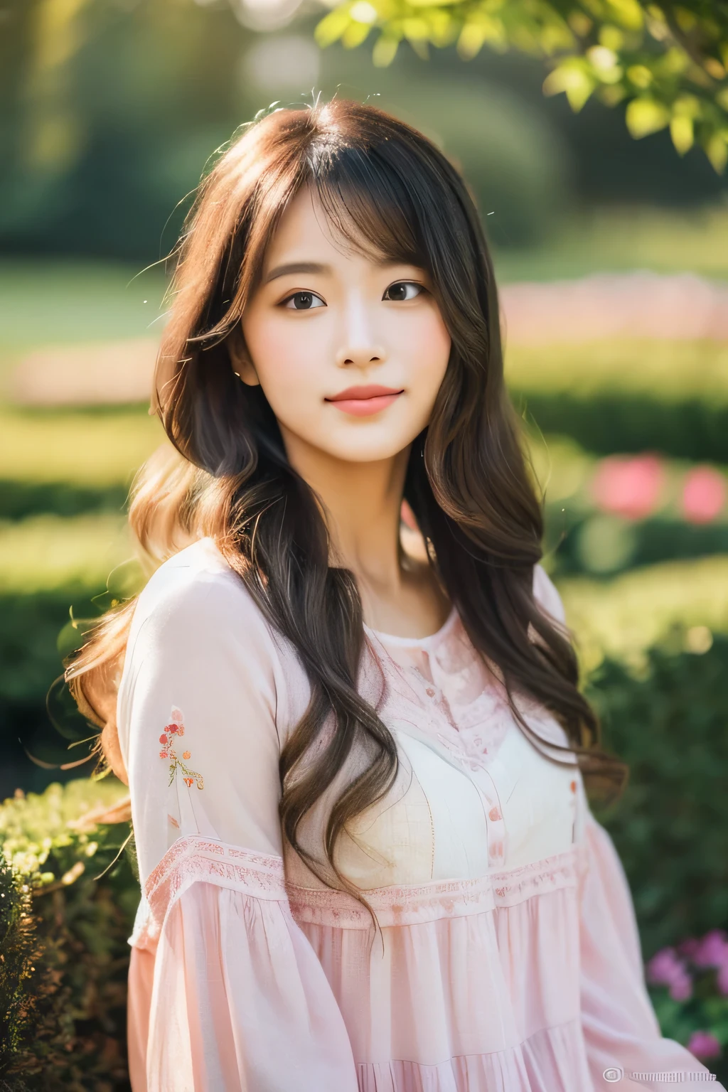 (highest quality,4K,8K,High resolution,masterpiece:1.2),Super detailed,realistic,photorealistic:1.37,portrait,shape,pink tone,soft lighting,garden,flowers,Wind,green,Calm atmosphere,bright colors,delicate features,long hair,wavy hair,innocent look,sparkling eyes,plump lips,Feminine clothing,standing posture,faint smile,peaceful atmosphere.