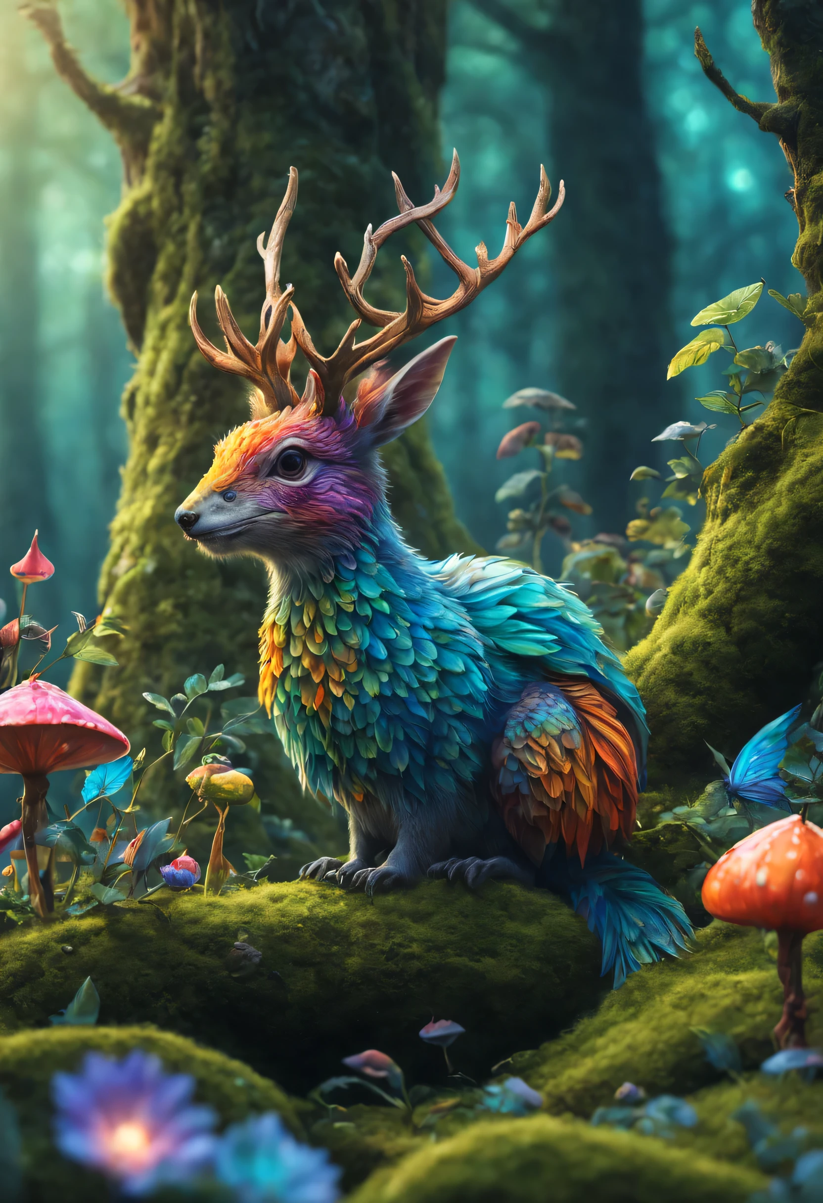 Fantasy animals, magical world, mysterious creature, Bizarre creatures, Fantasy colors, enchanted forest, Fantasy elements, Fantasy elements, mysterious magic, magical artifacts, beautiful details, strange and unique, (best quality,4K,8k,high resolution,masterpiece:1.2), Super detailed, (actual,photoactual,photo-actual:1.37), Fascinating fauna, mysterious flora, Whimsical landscape, unusual residents, Vibrant shades, magical aura, Fantastic nature, bright and colorful, fantastic scenery, Magical mysteries.