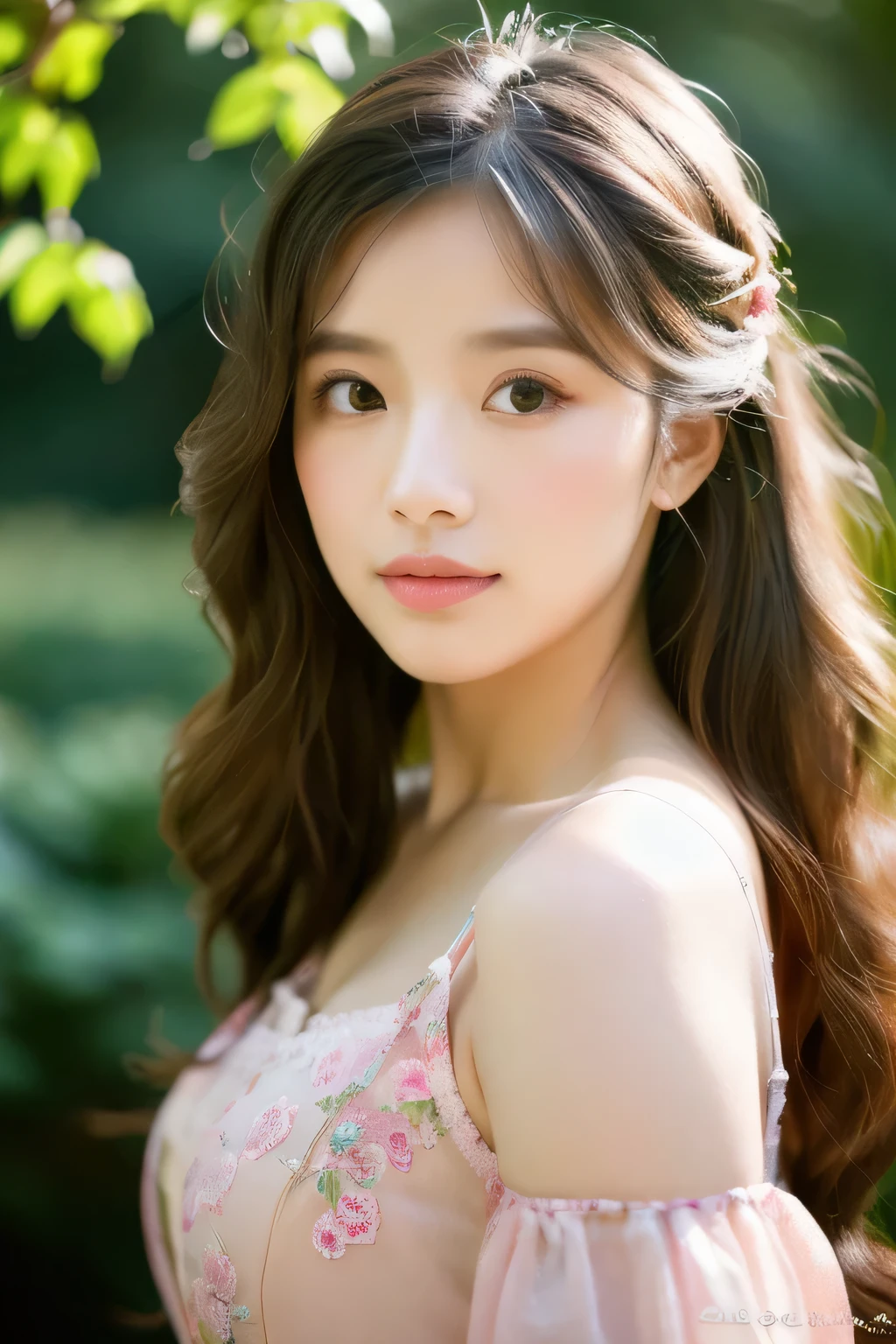 (highest quality,4K,8K,High resolution,masterpiece:1.2),Super detailed,realistic,photorealistic:1.37,portrait,shape,pink tone,soft lighting,garden,flowers,Wind,green,Calm atmosphere,bright colors,delicate features,long hair,wavy hair,innocent look,sparkling eyes,plump lips,Feminine clothing,standing posture,faint smile,peaceful atmosphere.