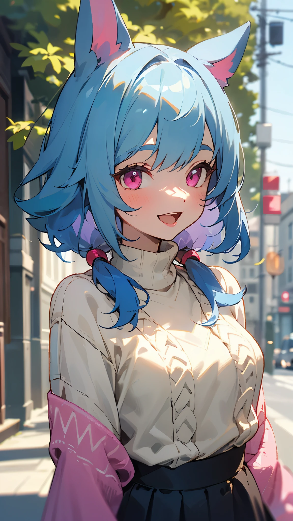16 year old girl、light blue hair、dog ears、pink eyes、smile、open your mouth、small breasts、large amount of acorns:1.2、skirt、colorful knitwear、outdoor、morning、high buildings in the background、sidewalk、upper body close-up