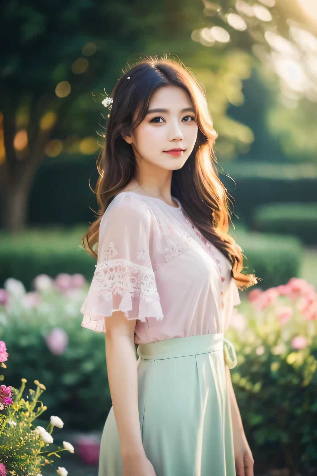 (highest quality,4K,8K,High resolution,masterpiece:1.2),Super detailed,realistic,photorealistic:1.37,portrait,shape,pink tone,soft lighting,garden,flowers,Wind,green,Calm atmosphere,bright colors,delicate features,long hair,wavy hair,innocent look,sparkling eyes,plump lips,Feminine clothing,standing posture,faint smile,peaceful atmosphere.