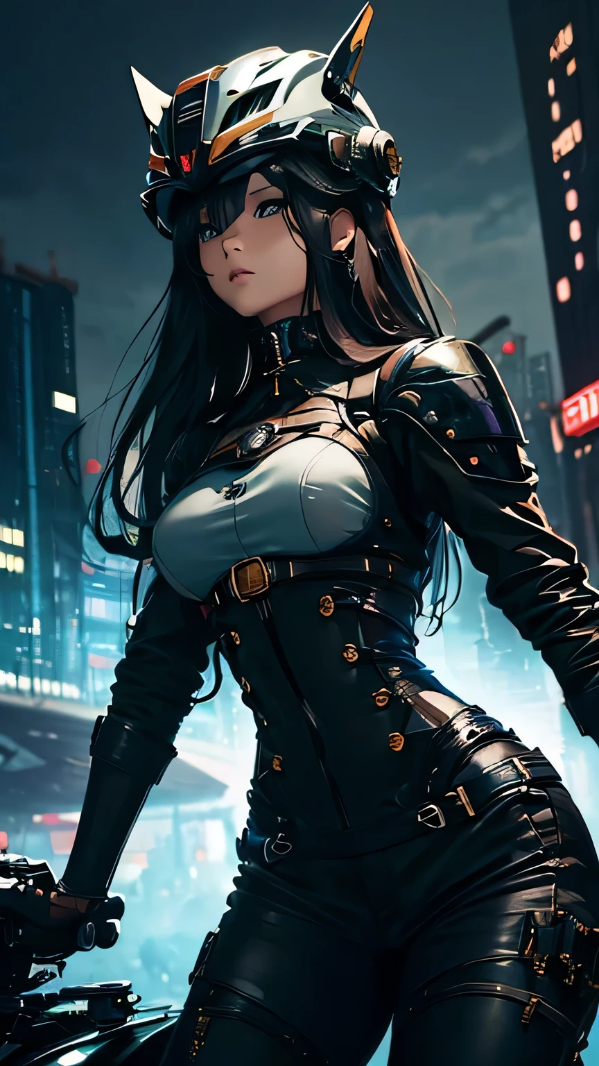 best image quality, excellent details, 超High resolution, (fidelity: 1.4), best illustrations, Favor details, 1girls high concentration, (With a delicate and beautiful face), dressed in black and white mecha, Wearing a mecha helmet, Have a direction controller, ((ride a mechanical bike)), the background is a high-tech lighting scene of the futuristic city. masterpiece, 最high quality, high quality, High resolution, (portrait)