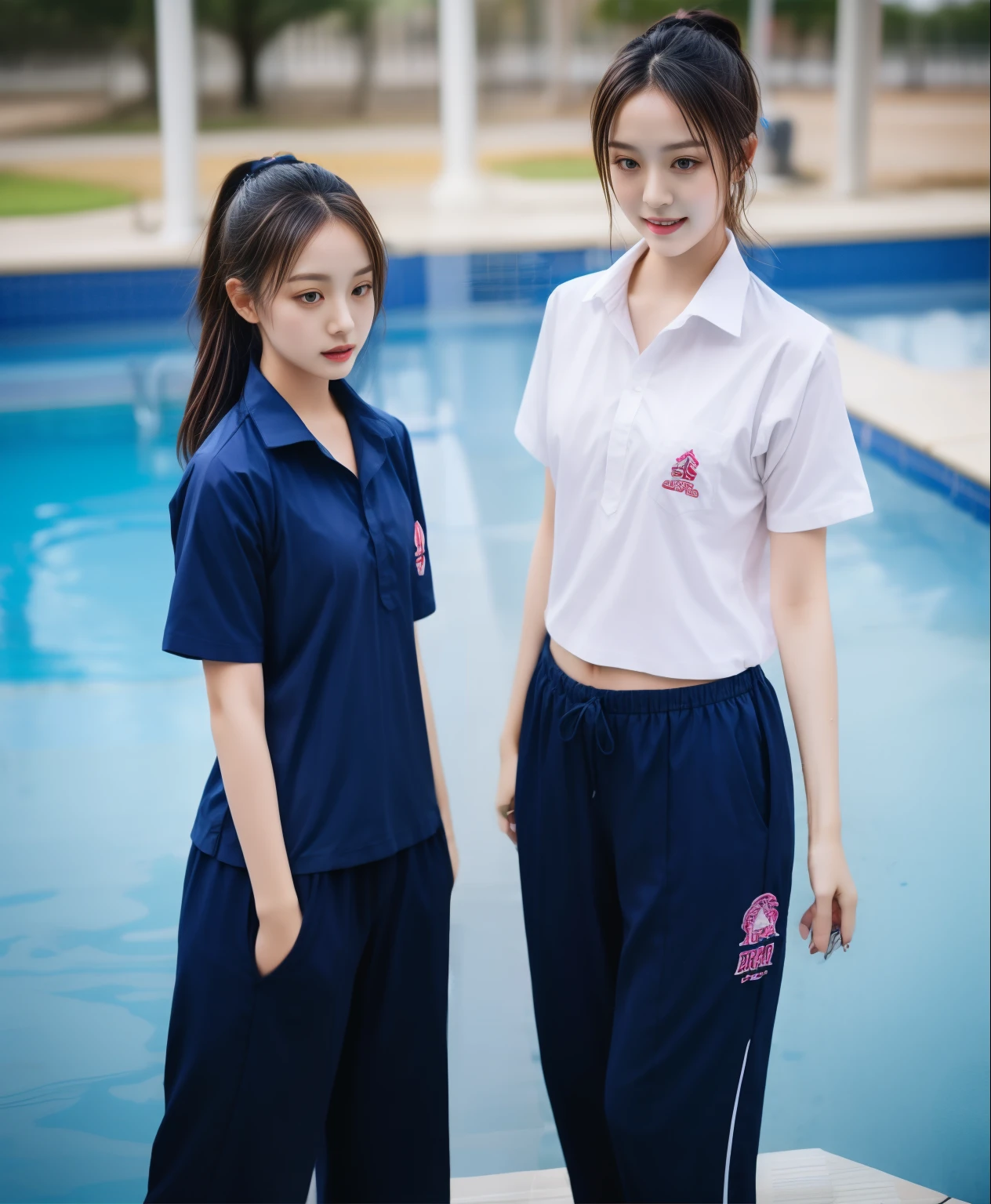 2 girls in the swimming pool, Navy blue short-sleeved shirt,Navy Long Trackpant,Sweatpants, Sweatpantsขายาว,25 year old girl, lesbian, sexy, exercise clothes, wet body