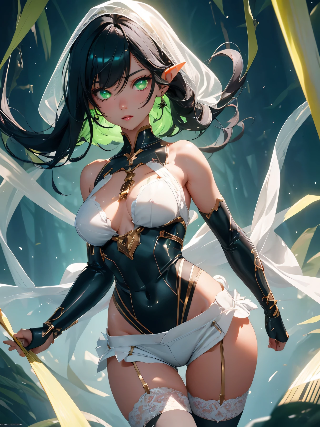 nsfw:1.1, high resolution:1.7, incredibly absurdres, kawaii:1, cute:1.5, hires.fix, anime visual:1, incredibly fine illustration,8k,masterpiece:1.2,best quality, high quality, exquisite, beautiful, insanely detailed, intricate detailed, extremely detailed, Super Definition, ultra high res, Super Resolution, best aesthetic, ultra detailed:1.5, best quality, perfect face, detailed face, masterpiece:1.2, illustration:1.2, 8k cg wallpaper, stunning art,absurdres,octane render,ultra hires,Japanese Actress,(Idol),18yo,Beautiful,(Cute and lovely),cute girl,((anime elf with extremely cute and beautiful black hair)),long hair,hime_cut,((((black hair:1.35,colored inner hair,ear breathing)))),(((green_eyes:1.3))),intricate eyes,beautiful detailed eyes,symmetrical eyes,big eyes:1.5,enchanting bright eyes studded with gold and silver dust,(((pinky skin,glowing_skin,lustrous skin:1.5,bright skin: 1.5,skin tanned,shiny skin,very shiny skin,shiny body,plastic glitter skin,exaggerated shiny skin,illuminated skin))),upward breasts,waist slender,(detailed body,(detailed face)),cute,daring,zettai ryouiki,show skin,best relationship with four fingers and one thumb,Very Fine Face and Eyes,Very Fine Hair,(Perfect Anatomy),((girl trembling with sexual climax)),Garter Belt,Bare shoulders,Check out our thru-rack chokers and midi rings with chains,Front fill light Beautiful cyberpunk female figure,hdr(HighDynamicRange),Ray traching,NVIDIA RTX,Hyper-Resolution,Unreal 5,Subsurface scattering、PBR Texture,post-proces,Anisotropy Filtering,depth of fields,maximum definition and sharpness,Many-Layer Textures,Albedo e mapas Speculares,Surface coloring,Accurate simulation of light-material interactions,perfectly proportions,rendering by octane,Two-colored light,largeaperture,Low ISO,White balance,the rule of thirds,8K raw data,Raised translucent top, Smaller top,Smaller white lace shorts,Raised, Mature feminization, Flattering eyes,, White lace translucent top,,Flat bare lower abdomen snow-white thigh