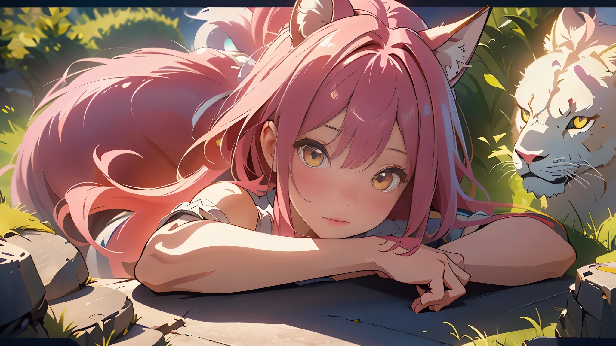 Leona,leona, yellow eyes, fox ears, long Pink hair, white dress, short dress, sleeveless, sideboob, detached sleeves, shorts, belt, grass field, Zoo, White Lion Animal , Lion Cub, Pink Fox Ear, ((Best quality)), ((masterpiece)), 3D, HDR (High Dynamic Range),Ray Tracing, NVIDIA RTX, Super-Resolution, Unreal 5,Subsurface scattering, PBR Texturing, Post-processing, Anisotropic Filtering, Depth-of-field, Maximum clarity and sharpness, Multi-layered textures, Albedo and Specular maps, Surface shading, Accurate simulation of light-material interaction, Perfect proportions, Octane Render, Two-tone lighting, Wide aperture, Low ISO, White balance, Rule of thirds,8K RAW, Aura, masterpiece, best quality, Mysterious expression, magical effects like sparkles or energy, flowing robes or enchanting attire, mechanic creatures or mystical background, rim lighting, side lighting, cinematic light, ultra high res, 8k uhd, film grain, best shadow, delicate, RAW, light particles, detailed skin texture, detailed cloth texture, beautiful face, (masterpiece), best quality, expressive eyes, perfect face,nikkeredhood,hair over one eye,marian,yuzuriha,momo_burlesque