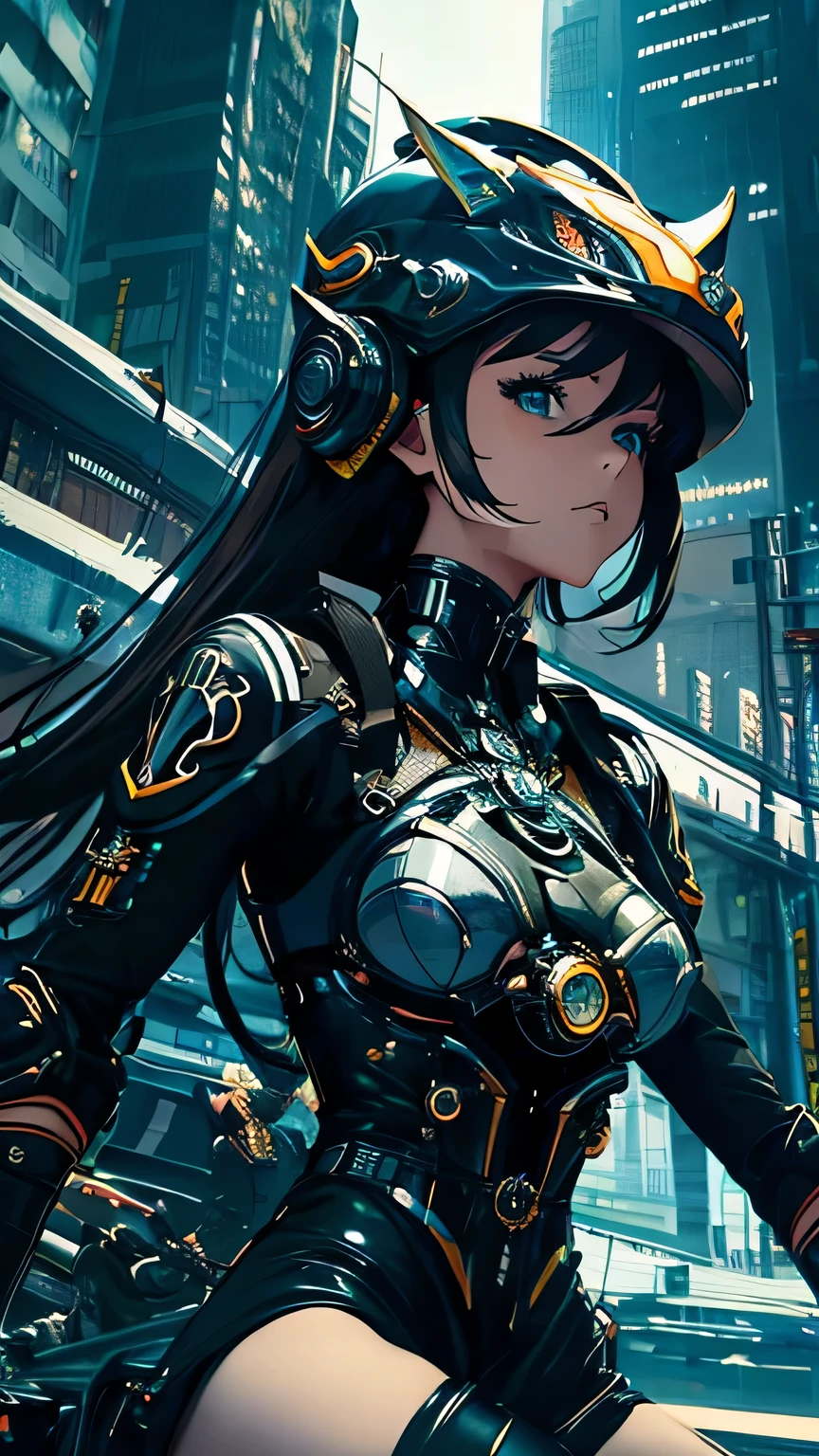 best image quality, excellent details, 超High resolution, (fidelity: 1.4), best illustrations, Favor details, 1girls high concentration, (With a delicate and beautiful face), dressed in black and white mecha, Wearing a mecha helmet, Have a direction controller, ((ride a mechanical bike)), the background is a high-tech lighting scene of the futuristic city. masterpiece, 最high quality, high quality, High resolution, (portrait)