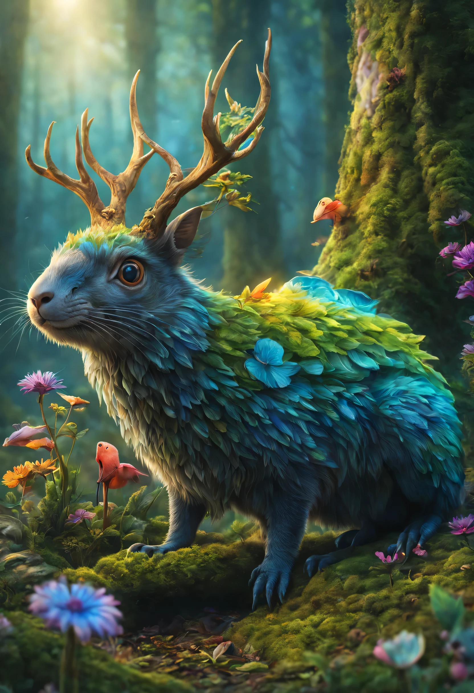 Fantasy animals, magical world, mysterious creature, Bizarre creatures, Fantasy colors, enchanted forest, Fantasy elements, Fantasy elements, mysterious magic, magical artifacts, beautiful details, strange and unique, (best quality,4K,8k,high resolution,masterpiece:1.2), Super detailed, (actual,photoactual,photo-actual:1.37), Fascinating fauna, mysterious flora, Whimsical landscape, unusual residents, Vibrant shades, magical aura, Fantastic nature, bright and colorful, fantastic scenery, Magical mysteries.