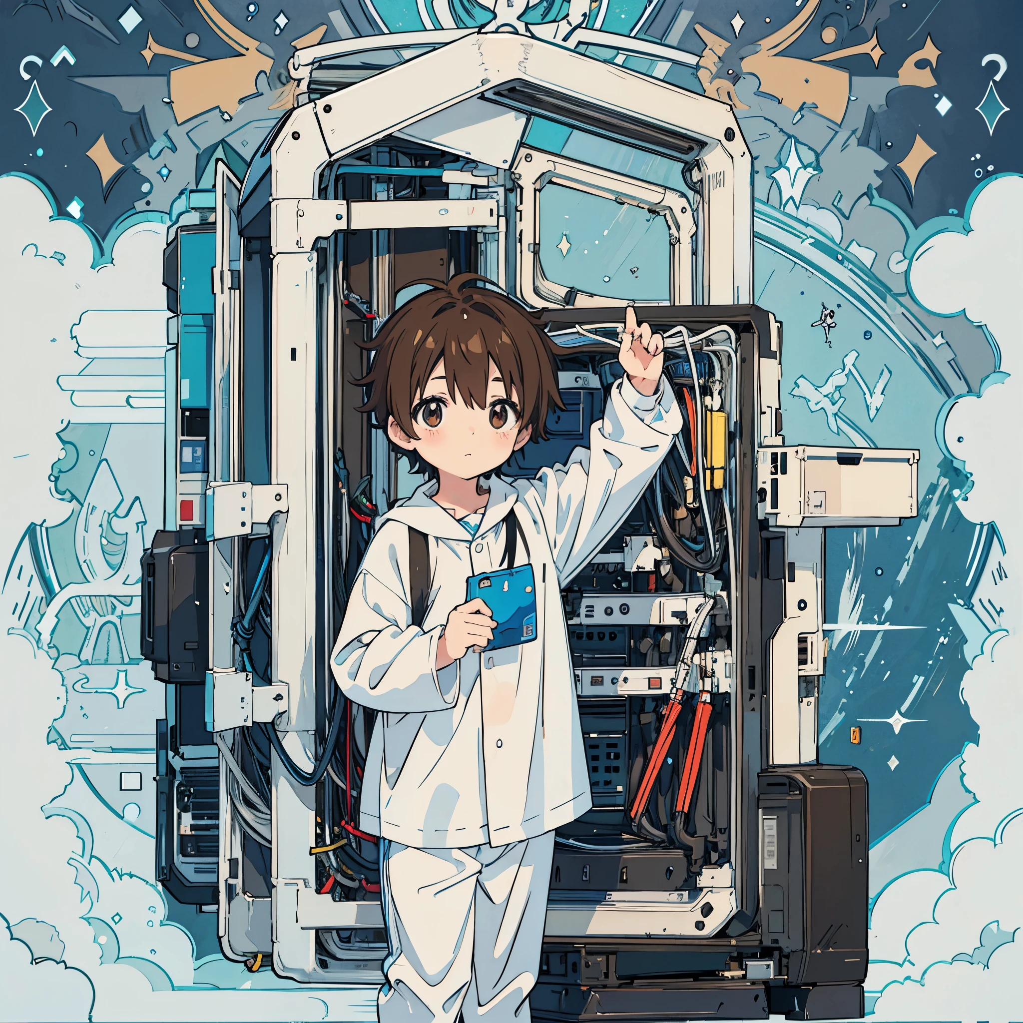 anime. A kindergarten boy wearing white pajamas is building a supercomputer by himself. Brown hair, cute, hardworking,