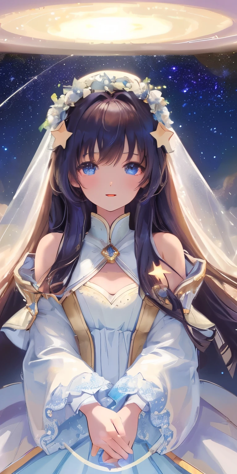 high detail, Super details, ultra high resolution, Girls enjoy time in the dreamy galaxy, surrounded by stars, Warm light shines on her body, Background with starry sky with white galaxy and milky way clouds, Stars are flying around her, Add a playful atmosphere ,--v6