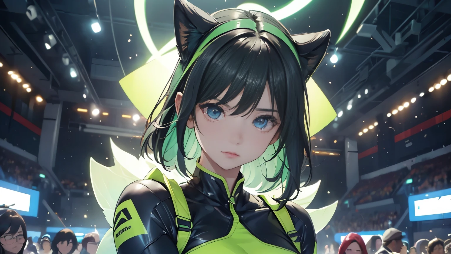 4K, A high resolution, Best quality at best, masterpiece, perfect colors, perfect shadow, perfect litthing, ((sportrait)), 1woman, fit-muscled body, face close up, bright yellow eyes, dark blue hair , blue eyes, With round lenses, detail in eyes, The audience watched carefully, (s face: 1.2), nipple bump, Perfect female figure, ((standing showing body curveand shape)), ((neon green Tight crop top neon green leather suit)), ((shy and looking at viewert)), (Perfect thick white eyebrows) Delicate fur, 详细s face, s the perfect face, At a fantasy industrial city , (model pose standing), energetic background, perfect city skyscape, lighting atmosphere, ((Bonifasko lighting)), (The round lenses on his eyes)(詳細な目), Perfect student, face close up