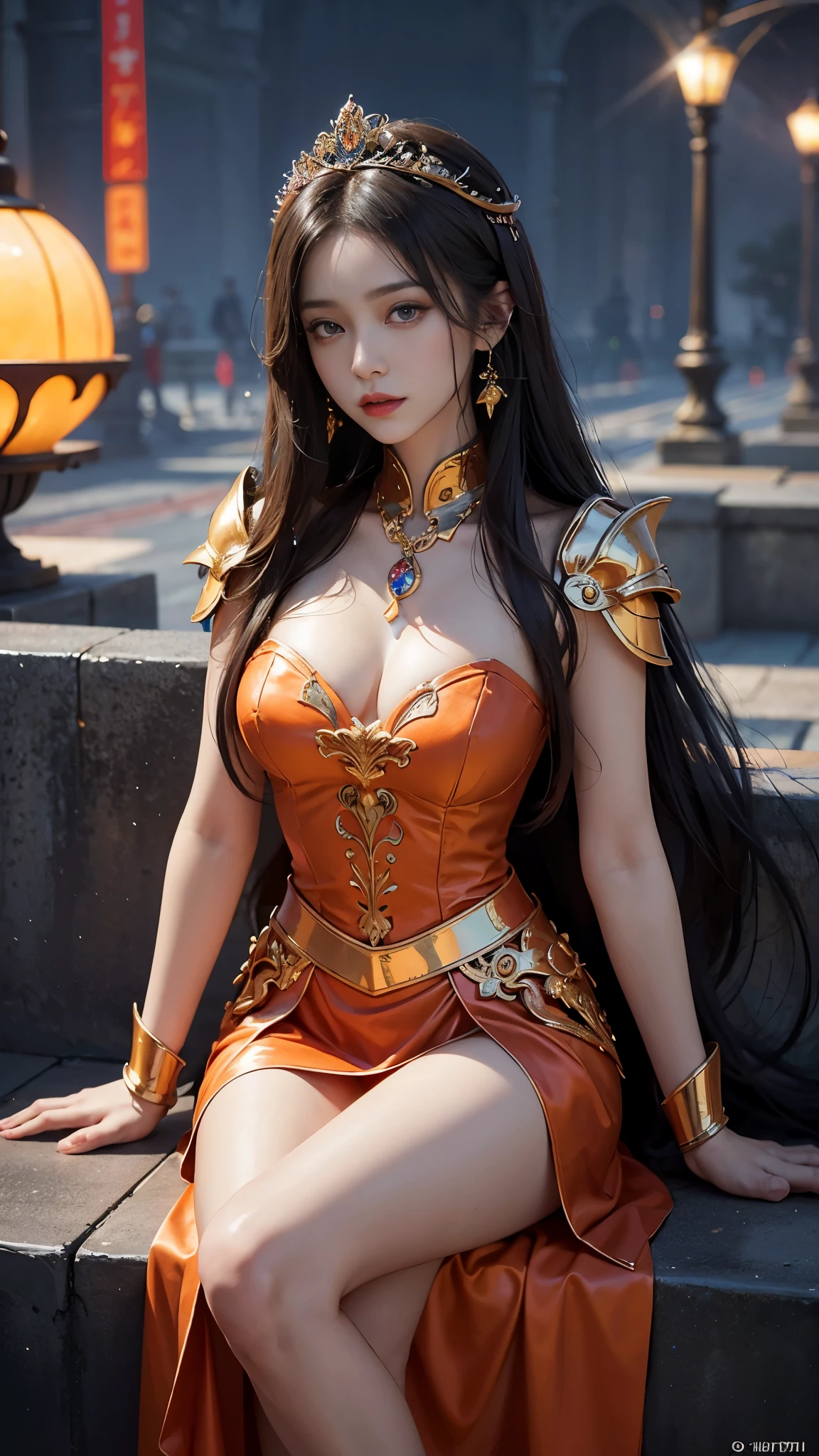 Woman in orange outfit, view the viewer, Purple wings, Slim waist, Long hair, Ultra-detailed details, High-end Zhenyi station, Rainstorm site, detailed fantasy art, Stunning character art, Beautiful and exquisite character art, Beautiful orange armor, Extremely detailed, Girl in shiny armor, Exquisite tiaras and jewelry, Crystal jewelry filigree, milky ways, Stunning visuals, (dynamic streaks, light tracks:1.2), Vibrant colors, attractive pose, sitting, 