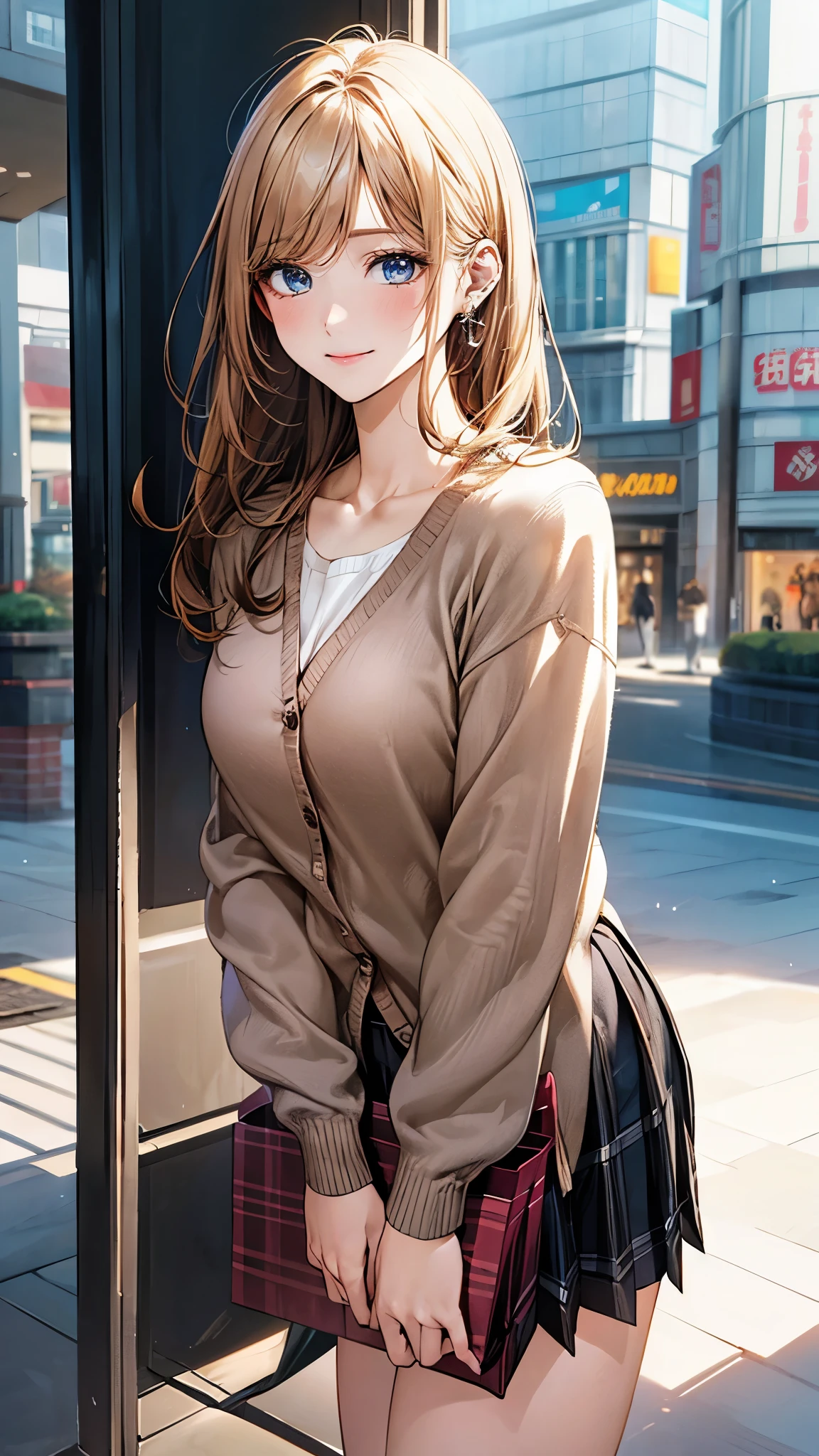 (masterpiece:1.2, top-quality), (realistic, photorealistic:1.4), beautiful illustration, (natural side lighting, movie lighting),
looking at viewer, 1 girl, japanese, high school girl, perfect face, cute and symmetrical face, shiny skin, face,
(long hair, straight hair, sideburns, blond hair), swept bangs, blue eyes, (middle breasts, seductive thighs, big ass), piercings,
beautiful hair, beautiful face, beautiful detailed eyes, beautiful clavicle, beautiful body, beautiful chest, beautiful thigh, beautiful legs, beautiful fingers,
(((brown cardigan, close clothes), white collared shirt, black plaid pleated miniskirt)),
(beautiful scenery), evening, (shopping mall), standing, (lovly smile, upper eyes),