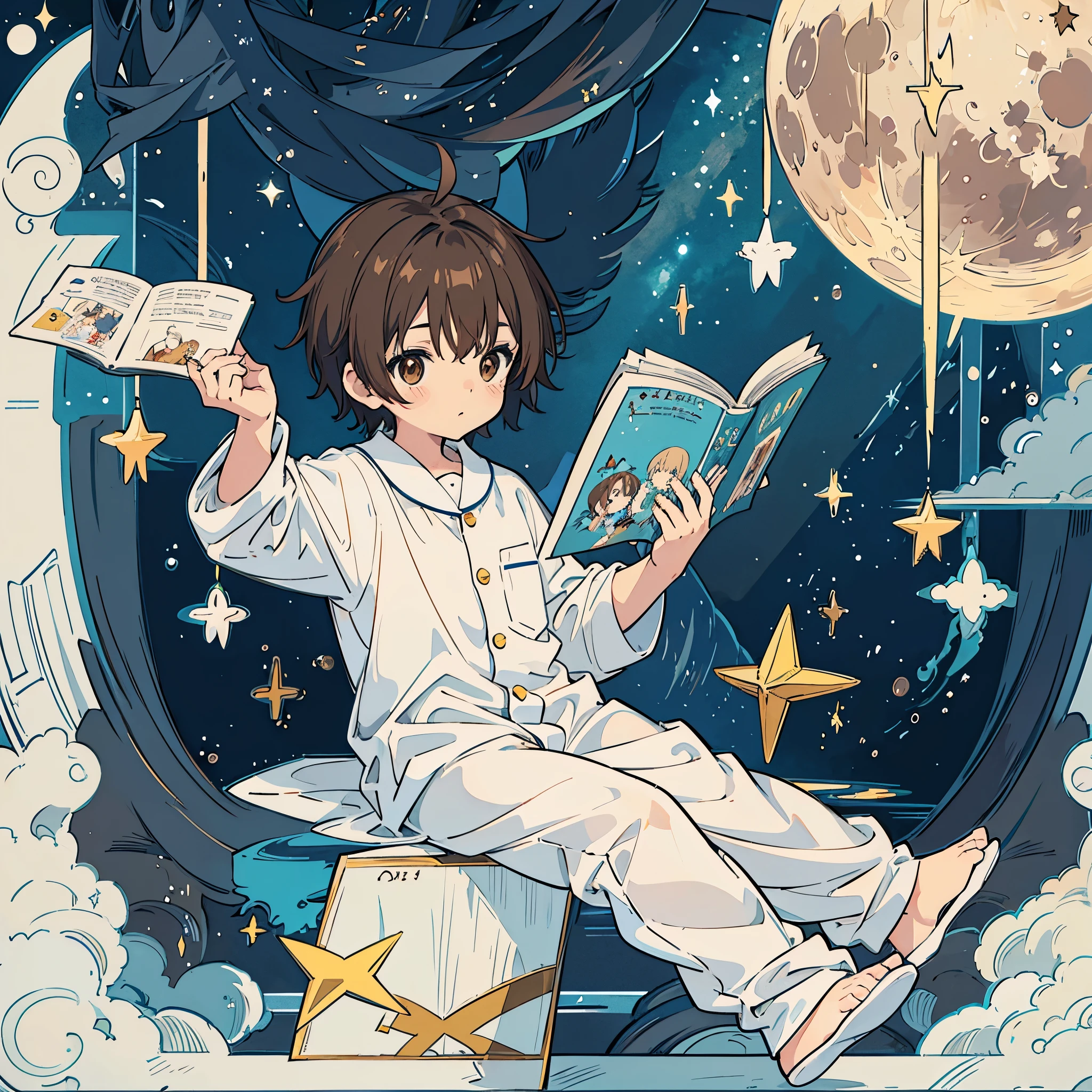 anime. A 5-year-old boy wearing white pajamas is reading a picture book by himself. Brown hair, cute, hardworking, night, outside, dark, stars, big moon,