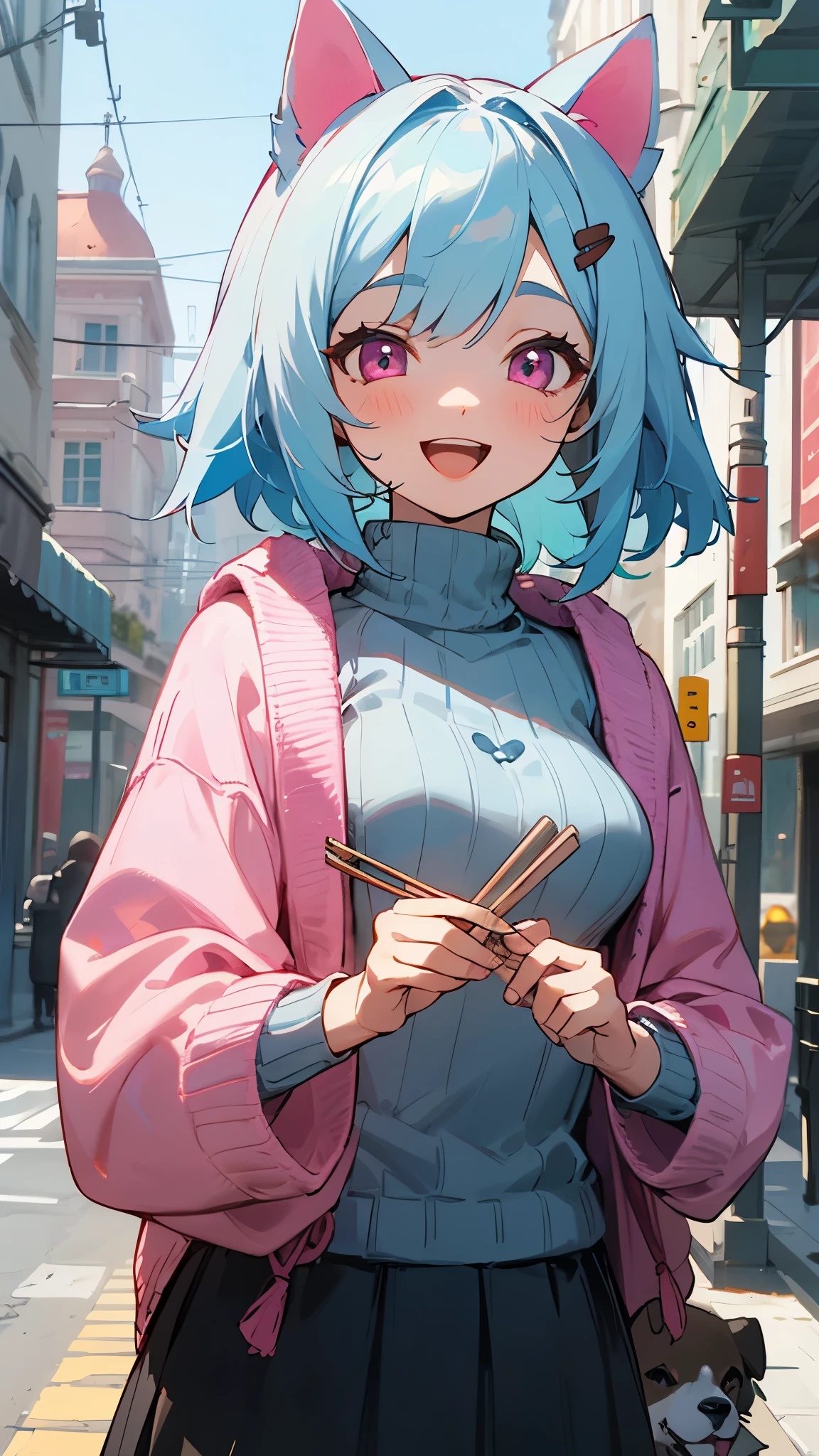 16 year old girl、light blue hair、dog ears、pink eyes、smile、open your mouth、small breasts、skirt、colorful knitwear、outdoor、morning、high buildings in the background、sidewalk、upper body close-up、I have chopsticks and a lunch box