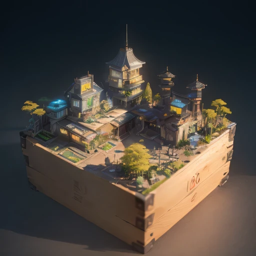 small realistic model, (bifurcation, original photo, best quality, masterpiece:1.4),SteampunkCyberpunk6920 City,(Cyberpunk light:1.3),on the Mars,horizon (related to land),(in a small nature box:1.3),Isometric, small nature, landscape on foundation,landscape,