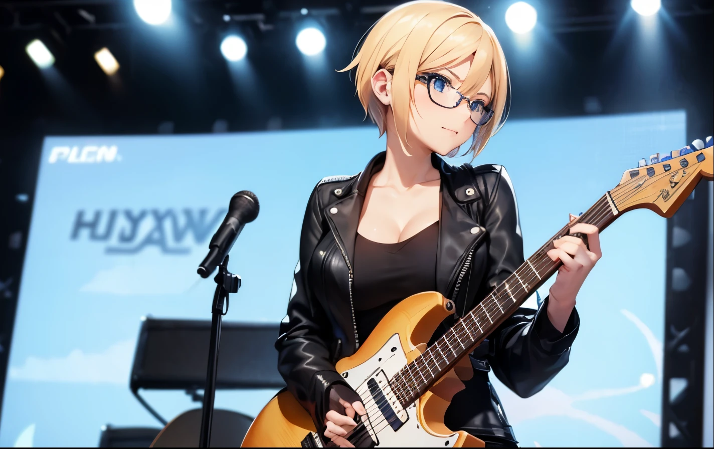 High resolution, 2D anime style,,blue eyes beautiful eyes,high and beautiful nose,thin face,blonde boyish short hair,Cool adult woman,Chest is slightly larger,she looks very happy,biting one&#39;s lips, she was very angry, she wears glasses,she narrows her eyes,Punk fashion that shows cleavage,she is wearing a leather jacket and shorts.,have a guitar,I'm playing guitar,In the studio
