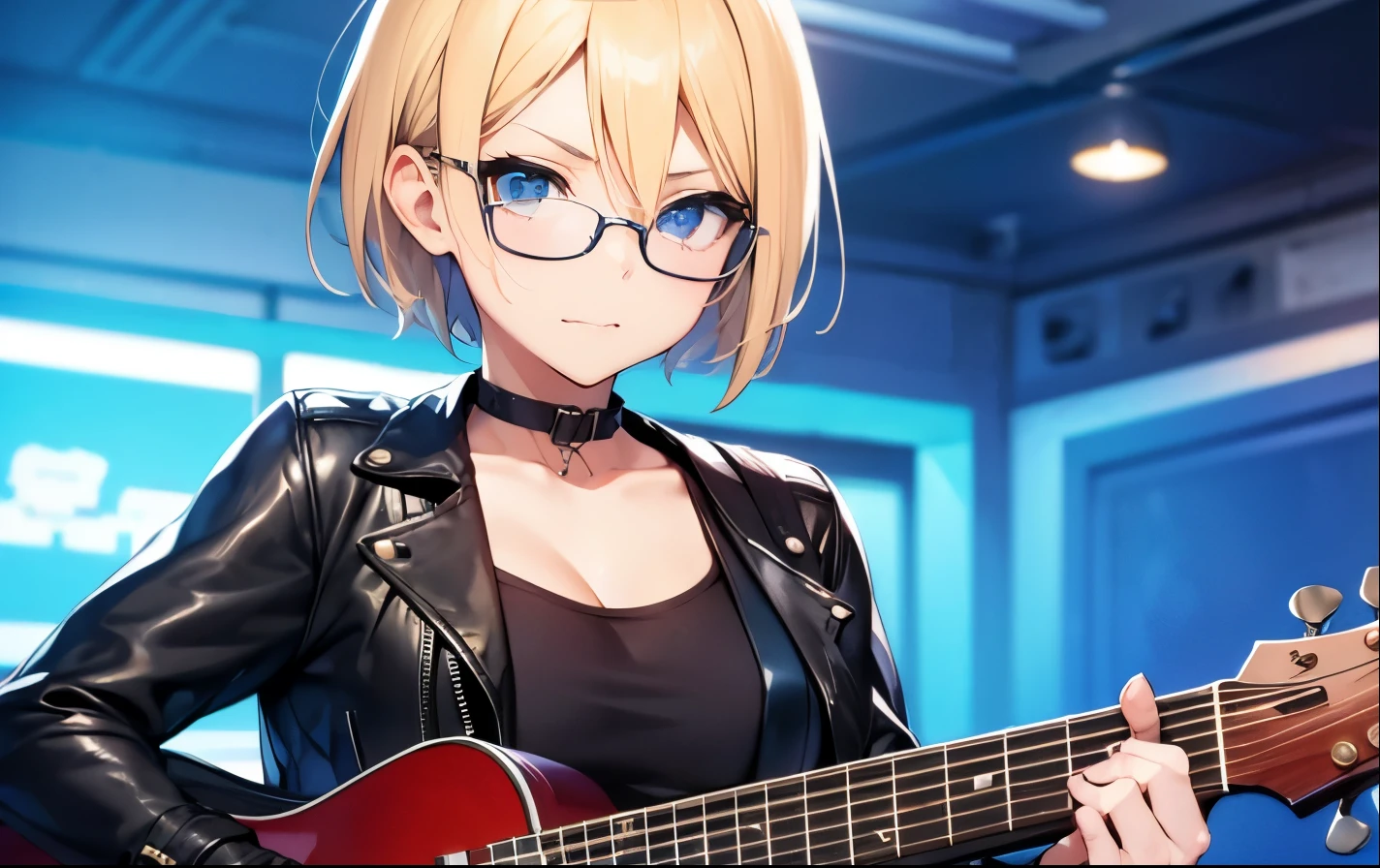 High resolution, 2D anime style,,blue eyes beautiful eyes,high and beautiful nose,thin face,blonde boyish short hair,Cool adult woman,Chest is slightly larger,she looks very happy,biting one's lips, she was very angry, she wears glasses,she narrows her eyes,Punk fashion that shows cleavage,she is wearing a leather jacket and shorts.,have a guitar,I'm playing guitar,In the studio