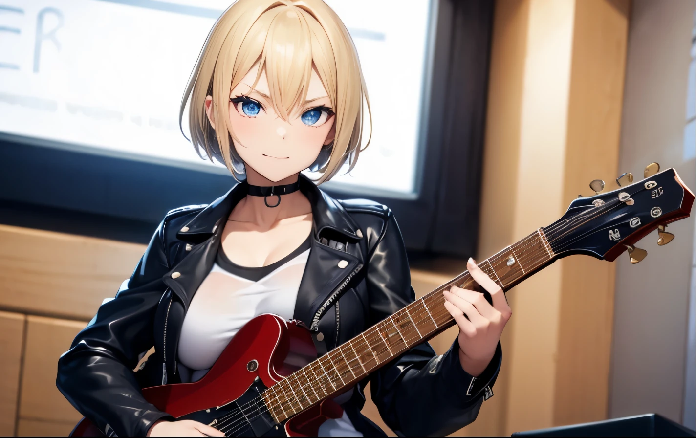 High resolution, 2D anime style,,blue eyes beautiful eyes,high and beautiful nose,thin face,blonde boyish short hair,Cool adult woman,Chest is slightly larger,she looks very happy,biting one's lips, she was very angry, she narrows her eyes,Punk fashion that shows cleavage,she is wearing a leather jacket and shorts.,have a guitar,I'm playing guitar,In the studio