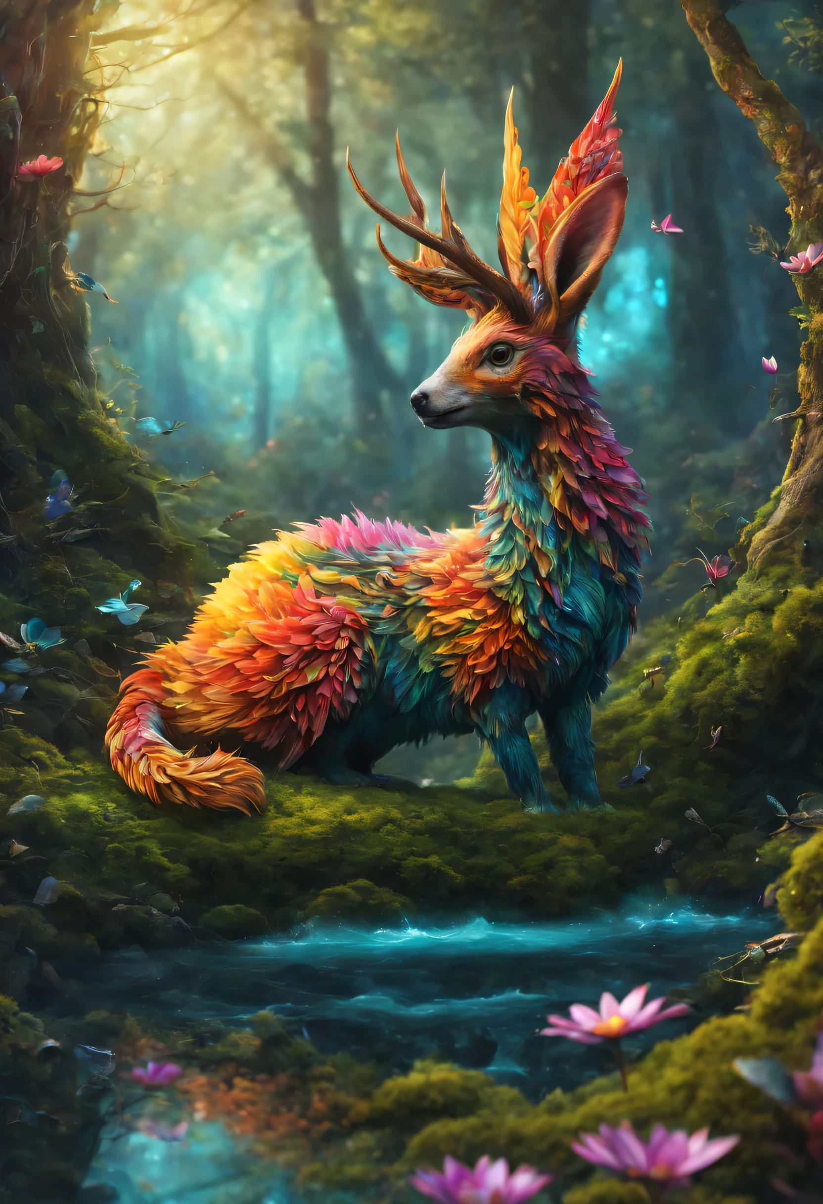 Fantasy animals, magical world, mysterious creature, Bizarre creatures, Fantasy colors, enchanted forest, Fantasy elements, Fantasy elements, mysterious magic, magical artifacts, beautiful details, strange and unique, (best quality,4K,8k,high resolution,masterpiece:1.2), Super detailed, (actual,photoactual,photo-actual:1.37), Fascinating fauna, mysterious flora, Whimsical landscape, unusual residents, Vibrant shades, magical aura, Fantastic nature, bright and colorful, fantastic scenery, Magical mysteries.