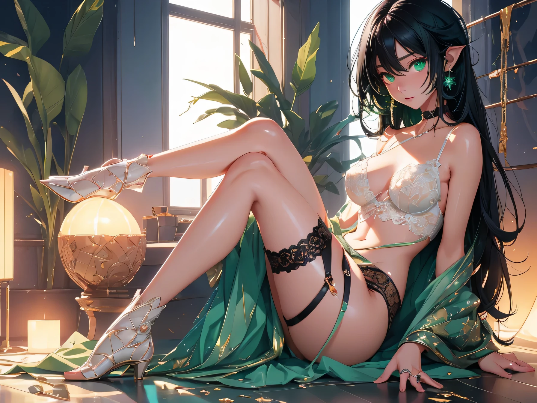 nsfw:1.1, high resolution:1.7, incredibly absurdres, kawaii:1, cute:1.5, hires.fix, anime visual:1, incredibly fine illustration,8k,masterpiece:1.2,best quality, high quality, exquisite, beautiful, insanely detailed, intricate detailed, extremely detailed, Super Definition, ultra high res, Super Resolution, best aesthetic, ultra detailed:1.5, best quality, perfect face, detailed face, masterpiece:1.2, illustration:1.2, 8k cg wallpaper, stunning art,absurdres,octane render,ultra hires,Japanese Actress,(Idol),18yo,Beautiful,(Cute and lovely),cute girl,((anime elf with extremely cute and beautiful black hair)),long hair,hime_cut,((((black hair:1.35,colored inner hair,ear breathing)))),(((green_eyes:1.3))),intricate eyes,beautiful detailed eyes,symmetrical eyes,big eyes:1.5,enchanting bright eyes studded with gold and silver dust,(((pinky skin,glowing_skin,lustrous skin:1.5,bright skin: 1.5,skin tanned,shiny skin,very shiny skin,shiny body,plastic glitter skin,exaggerated shiny skin,illuminated skin))),upward breasts,waist slender,(detailed body,(detailed face)),cute,daring,zettai ryouiki,show skin,best relationship with four fingers and one thumb,Very Fine Face and Eyes,Very Fine Hair,(Perfect Anatomy),((girl trembling with sexual climax)),Garter Belt,Bare shoulders,Check out our thru-rack chokers and midi rings with chains,Front fill light Beautiful cyberpunk female figure,hdr(HighDynamicRange),Ray traching,NVIDIA RTX,Hyper-Resolution,Unreal 5,Subsurface scattering、PBR Texture,post-proces,Anisotropy Filtering,depth of fields,maximum definition and sharpness,Many-Layer Textures,Albedo e mapas Speculares,Surface coloring,Accurate simulation of light-material interactions,perfectly proportions,rendering by octane,Two-colored light,largeaperture,Low ISO,White balance,the rule of thirds,8K raw data,Raised translucent top, Smaller top,Smaller white lace shorts,Raised, Mature feminization, Flattering eyes,, White lace translucent top,,Flat bare lower abdomen snow-white thigh