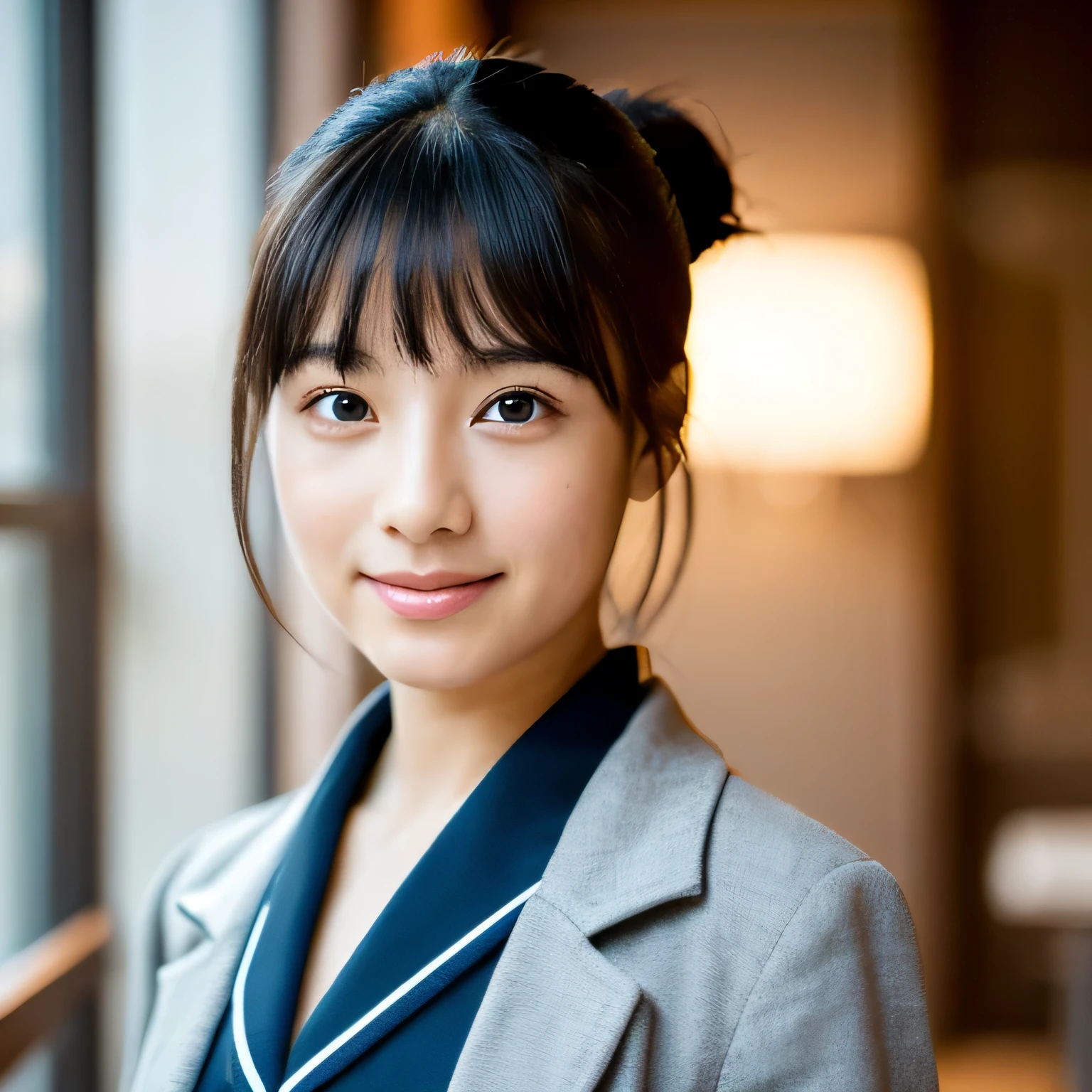 portrait,realistic,Japanese,12歳のgirl,open your mouth a little,look straight ahead,The body is frontal,looking at the viewer,looking forward to it,vision,black hair in ponytail,bangs,smile,,girl,Bright interior lighting,smooth complexion,school uniform,navy blue blazer,gray skirt,full body photo,(masterpiece:1.25),(High Reality:1.2),(subtle details:1.15),(clear eyes:1.1),(Gentle atmosphere:1.1)