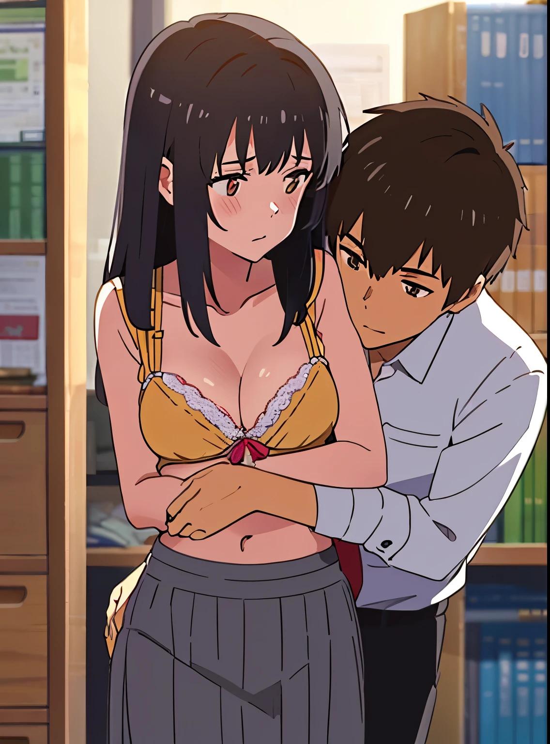 shinkai makoto, kimi no na wa., 1boy, buzzcut,office suit, boy caressing girl's body, kiss cheeks, passionate hug, boy is hugging from behind, breast groping from behind, 1girl, bangs, black hair, brown eyes, Twisted Half Up, red ribbon, long hair, yellow blouse, open shirt, unbuttoned shirt, pink bra, cleavage, breast, medium breast, long gray skirt, storage room, indoors, masterpiece, perfect anatomy, cowboyshot