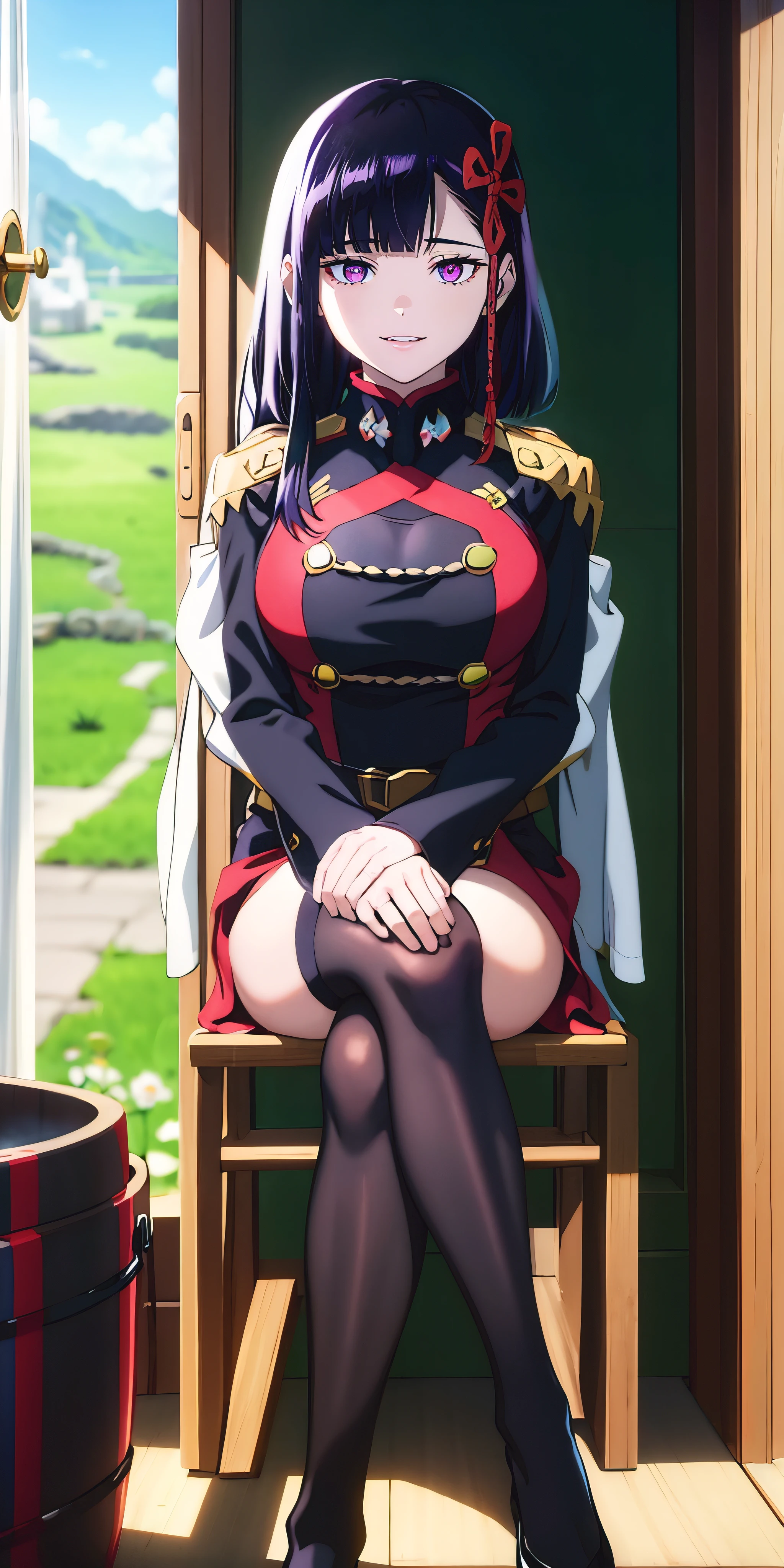 (black hair:1.4), hair ornament, long hair, yamashiro768, purple eyes, breasts, epic art, fantasy, breasts, sitting, solo, thighhighs, large_breasts, looking_at_viewer, jacket, smile, white_legwear, long_sleeves, crossed_legs, swimsuit, glow effects, godrays, Hand drawn, render, 8k, octane render, cinema 4d, blender, dark, atmospheric 4k ultra detailed, cinematic, Sharp focus, big depth of field, Masterpiece, colors, 3d octane render, 4k, concept art, trending on artstation, hyperrealistic, Vivid colors, extremely detailed CG unity 8k wallpaper, trending on CGSociety, Intricate, High Detail, dramatic, anime coloring, anime screencap, steaming body, fog, heavy breathing, nsfw art,