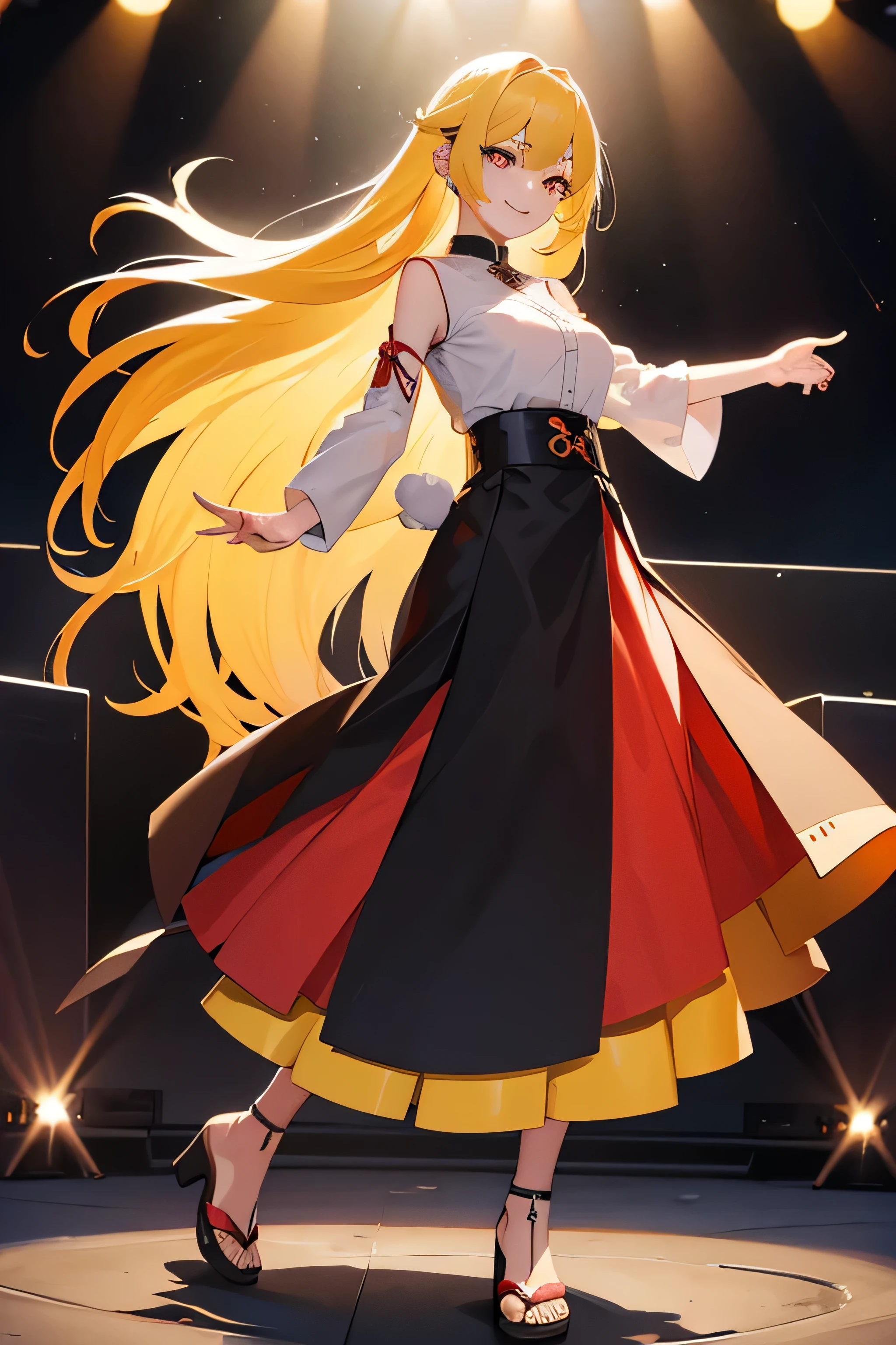 A 23-year-old Korean girl with yellow hair and red eyes., long hair, standing, phase, laugh, Long Skirt