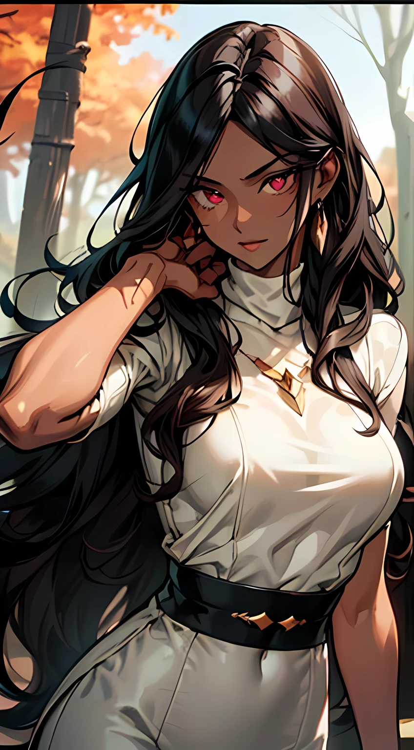Beautiful woman, extremely long hair , ((black hair:1.3)) , wavy hair, ((very large chest:1)) , full lips , pink iris , fit body , ((dark brown skin:1.3)), ((dark skin:1)), has striking long, white hair that flows down to her mid-back, strong and determined facial structure, red eyes , eyebrows are thin and arched, powerful and athletic build, She is notably tall and statuesque, well-defined muscles, age 33
(masterpiece, best quality:1.3),beautiful detailed glow,best illuminate,(((best quality,textile shading,ultra detailed))),extremely detailed CG unity 8k wallpaper,Highly Detailed beautiful and aesthetic,best light,high resolution,detailed,dynamic lighting , 1Character , pastel washed out colors , cell shade , soft, muted shades ,gentle colors ,
Wearing an orange turtle neck , close up head shot , fall colors , orange brown and leaves in the background, background blur, fall scene,