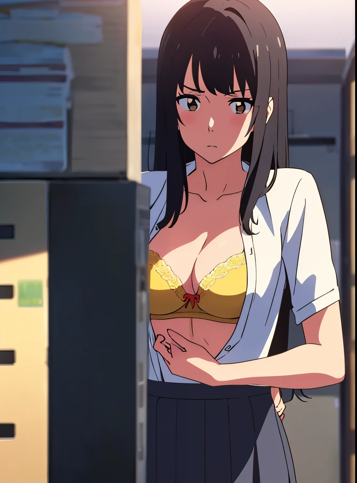 shinkai makoto, kimi no na wa., 1boy, buzzcut,office suit, boy caressing girl's body, kiss cheeks, passionate hug, boy is hugging from behind, breast groping from behind, 1girl, bangs, black hair, brown eyes, Twisted Half Up, red ribbon, long hair, yellow blouse, open shirt, unbuttoned shirt, pink bra, cleavage, breast, medium breast, long gray skirt, storage room, indoors, masterpiece, perfect anatomy, cowboyshot