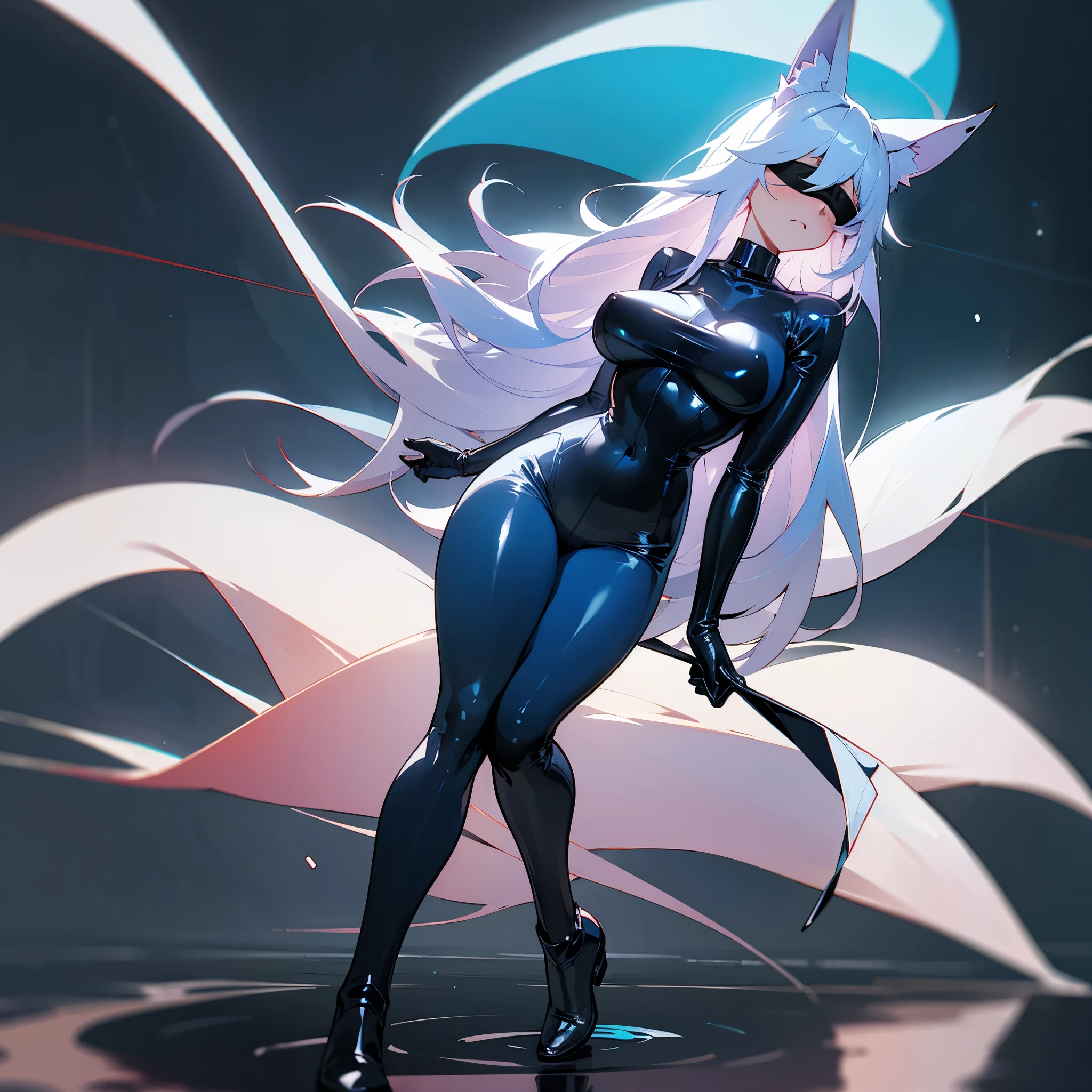 fox girl, fox ears, white ears, (((blindfolded))), black blindfold, serious expression, dark blue latex bodysuit, big breasts, slim waist, light blue ambience glow, in a dark city, detailed reflections, white hair, blush, light blue details, fox tail, white tail, black gloves, long black boots, dark blue collar, thick thighs, wide hips, buildings, full body, flying, dark blue jeans pants
