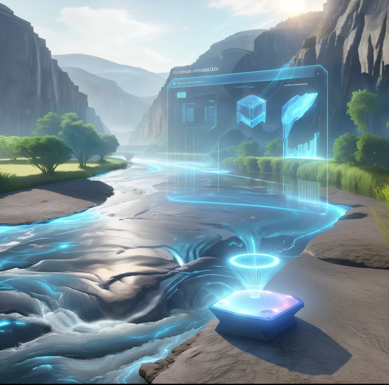 Alafed image of a river，There is a virtual interface on it, Data streams or rivers, holographic interface, large cyberarrays data holograms, data holograms, technology vs nature, large arrays data holograms, technology vs nature in harmony, computers and holograms, Holographic display lens, river flowing beside, Holographic projection