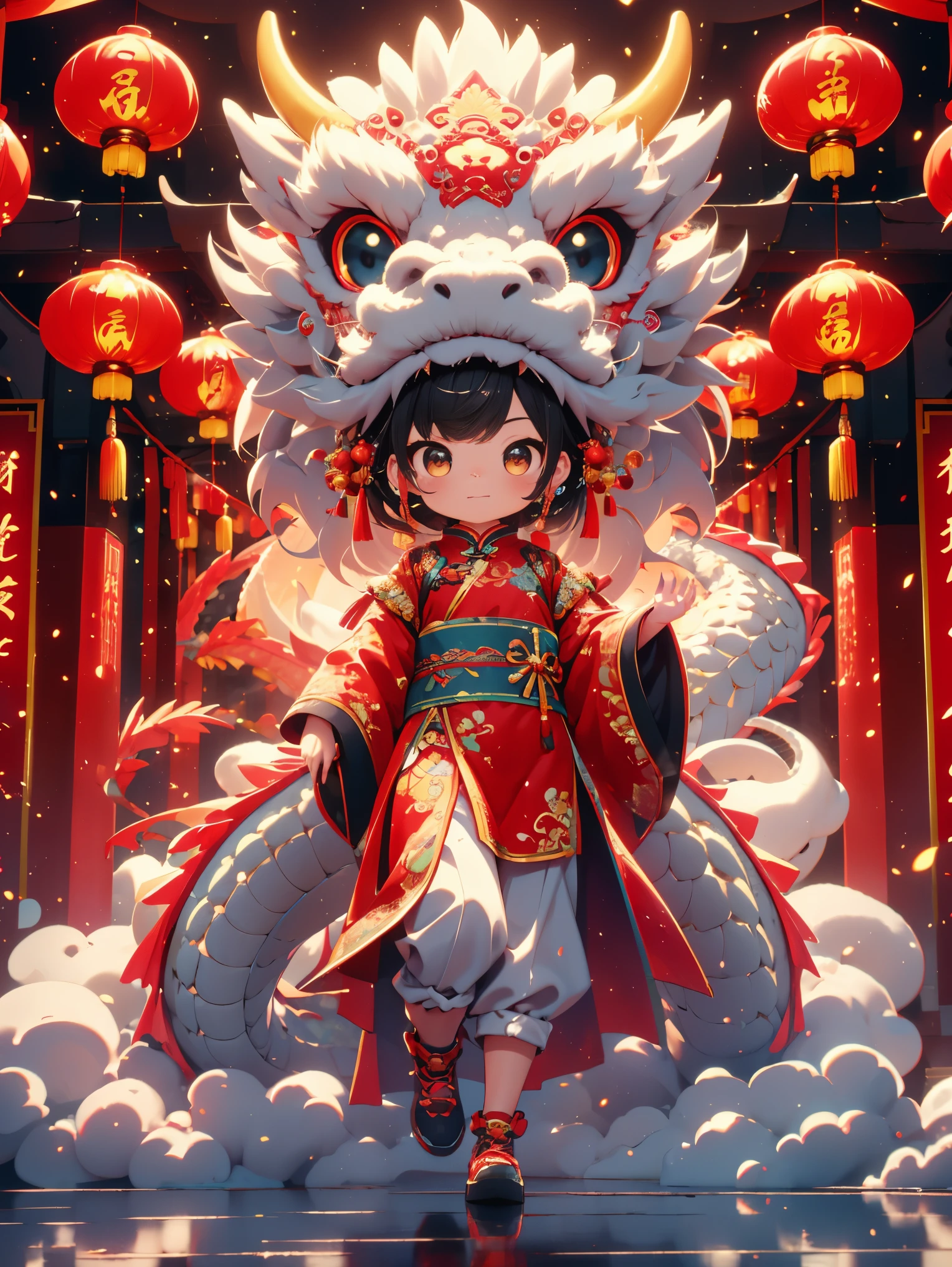 (whole body:1.5)，1 super cute girl，Wearing a plush Chinese dragon hat，Chinese Year of the Dragon，big eyes，Gold coin decoration，pixar animation，IP design，Ultra-fine details，resin，Best quality oc rendering，Strong light effect，plain red background，Ultra-detailed , 3D rendering, HD, 8k