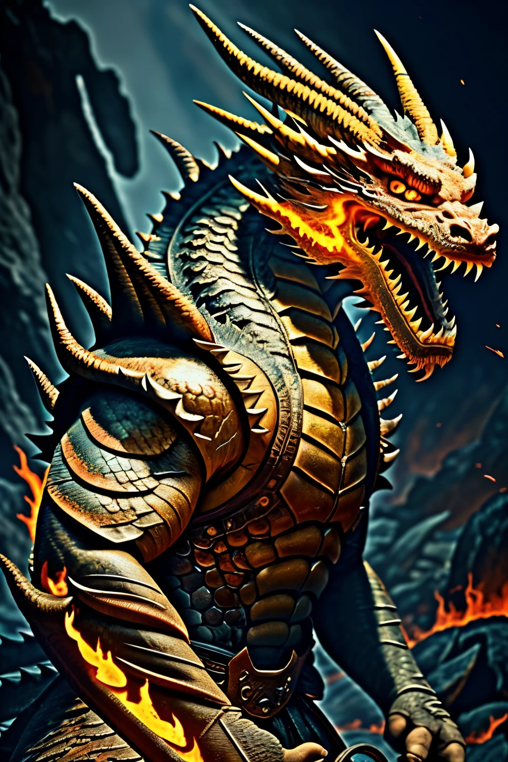 (Detailed Description: 1.1)
In the depths of the fiery underworld, a magnificent dragon lies in torment, its scales glowing fiercely against the backdrop of the sulfuric landscape. The dragon's eyes, once vibrant and filled with life, now burn with an intense, almost otherworldly flame as it lets out a mournful roar. The dragon's body is intricately detailed, with the texture of its scorched and craggy scales rippling in the infernal heat. Its muscular form is etched with the marks of battle, each scar a testament to its past triumphs and defeats. The dragon's wings, once