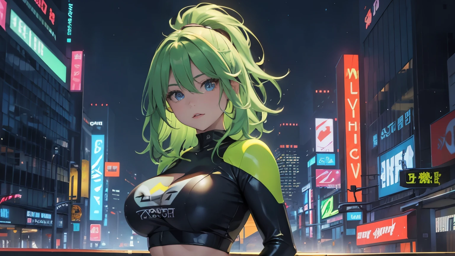 4K, A high resolution, Best quality at best, masterpiece, perfect colors, perfect shadow, perfect litthing, ((sportrait)), 1woman, fit-muscled body, face close up, bright yellow eyes, dark blue hair , blue eyes, With round lenses, detail in eyes, The audience watched carefully, (s face: 1.2),  bump, Perfect female figure, ((standing showing body curveand shape)), ((neon green Tight crop top neon green leather suit)), with towering skyscrapers adorned with neon lights, casting a vibrant glow over the bustling streets below. The cityscape is a mesmerizing blend of futuristic architecture and gritty, urban charm, setting the stage for an exciting adventure., energetic background, perfect city skyscape, lighting atmosphere, ((Bonifasko lighting)), (The round lenses on his eyes)(詳細な目), Perfect student, face close up