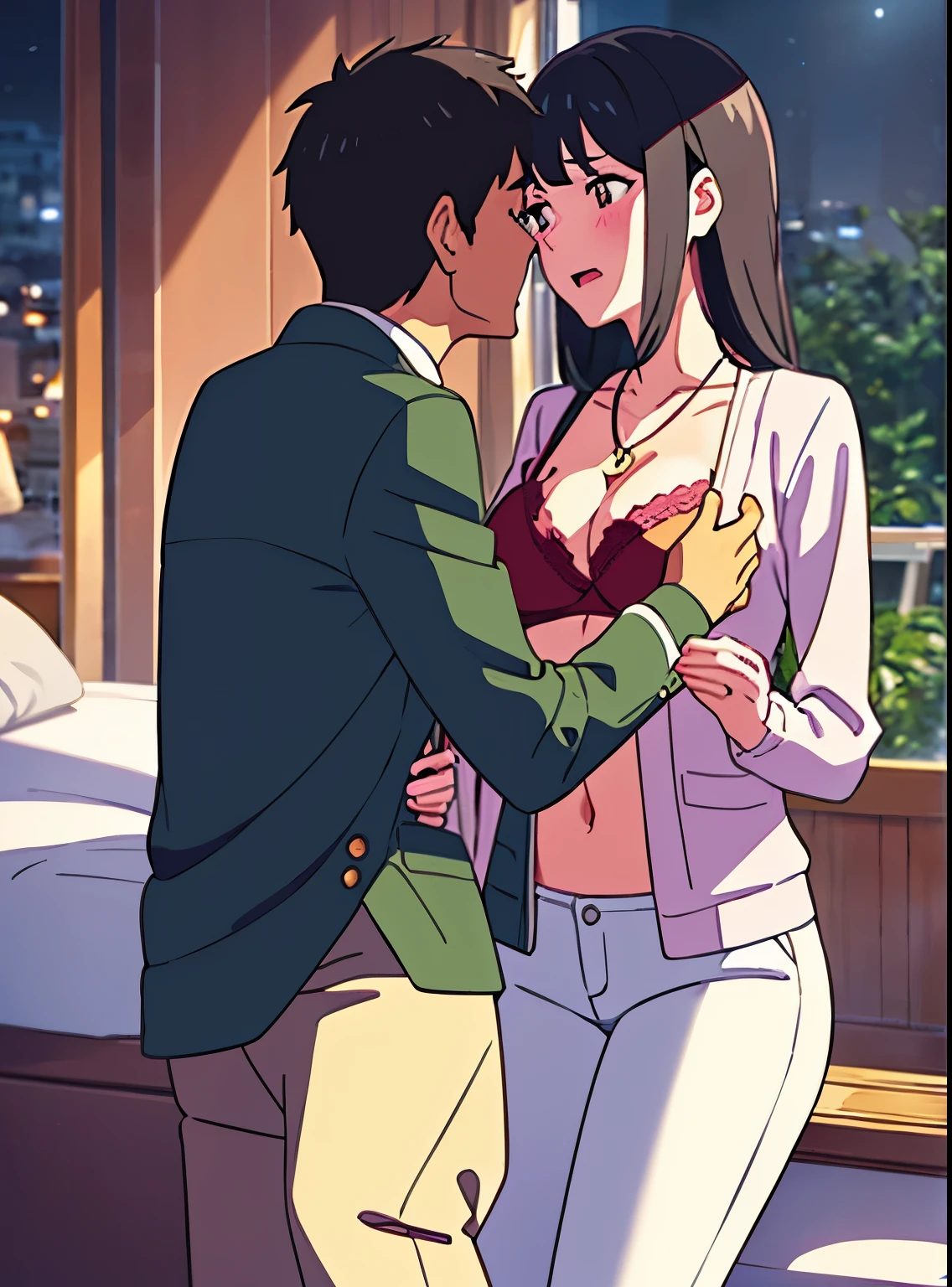 1middle age man, wrinkle face, black hair,bangs swept to the right side, Middle aged man behind girl, touching chest, breatsgrope from behind, grab, grabbing chest,chestgrab behind back, removing bra, hold bra, hug back, hugging, neck kiss, 1girl, black hair, waterfall braid, red ribbon, long hair, brown eyes, blue star necklace, light cardigan pink, open shirt, yellow shirt open shifrt, navel, white bra, white pants, cute, open mouth, full body, long sleeves, cowboy shot, masterpiece, on a dating, blushing, bedroom, night, sit on bed